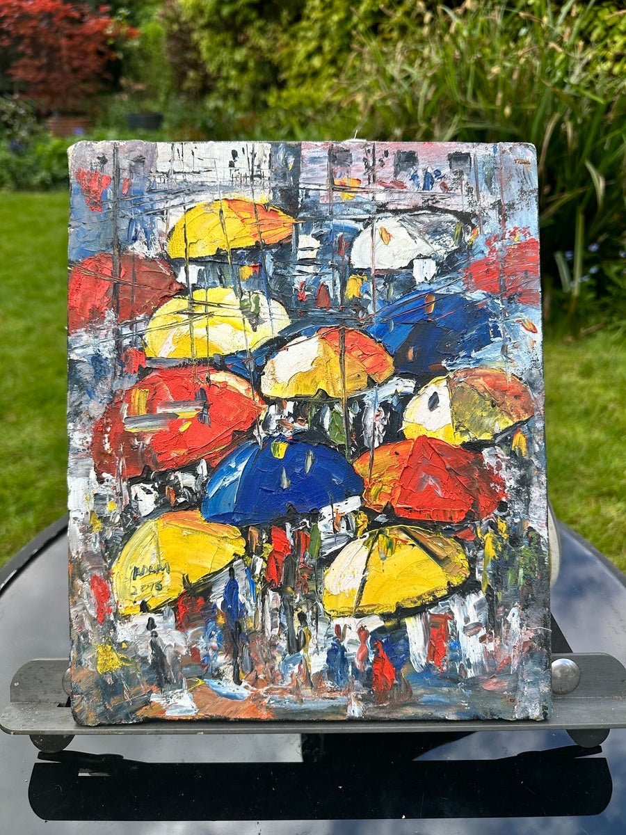 Heavily Textured Miniature Acrylic On Canvas Painting by Adam, 'Umbrellas in The Sun. Street Market'—an abstract, colorful crowd with bright umbrellas inspired by Nigerian street scenes. Brand: Adam.