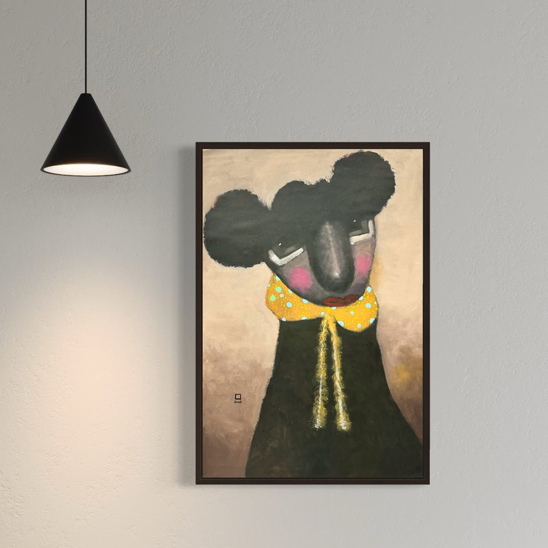 ‘Untitled’ Contemporary Portrait by Prince Obasi: a framed acrylic on canvas artwork depicting a stylized, bear-like figure with round ears, pink cheeks, and a yellow spotted scarf, shown on a light gray wall under a black pendant lamp.
