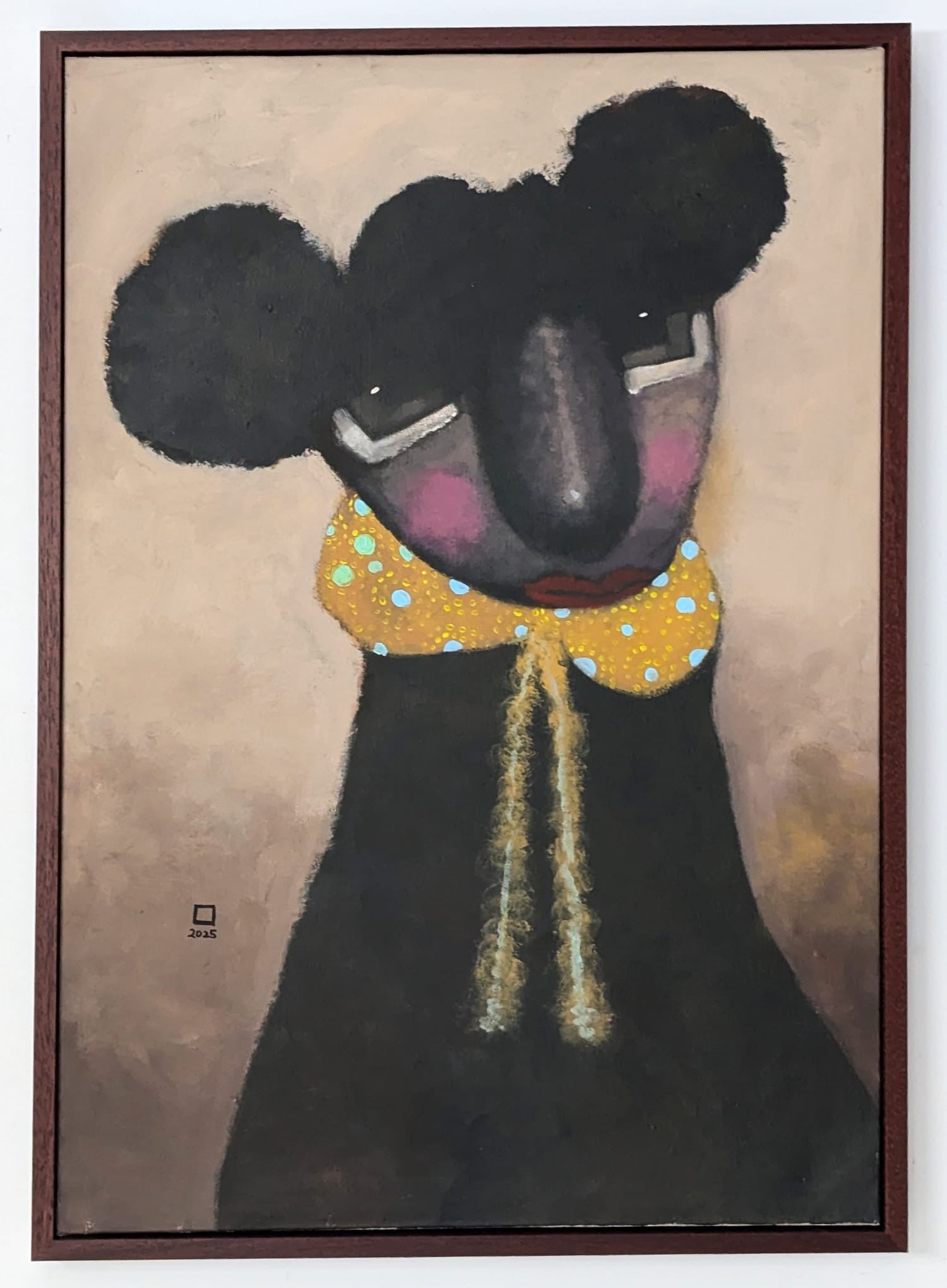‘Untitled’ Contemporary Portrait by Prince Obasi features a whimsical black animal with large round ears and a yellow polka-dotted collar, blending abstract style with 19th-century European portrait touches against a neutral backdrop.