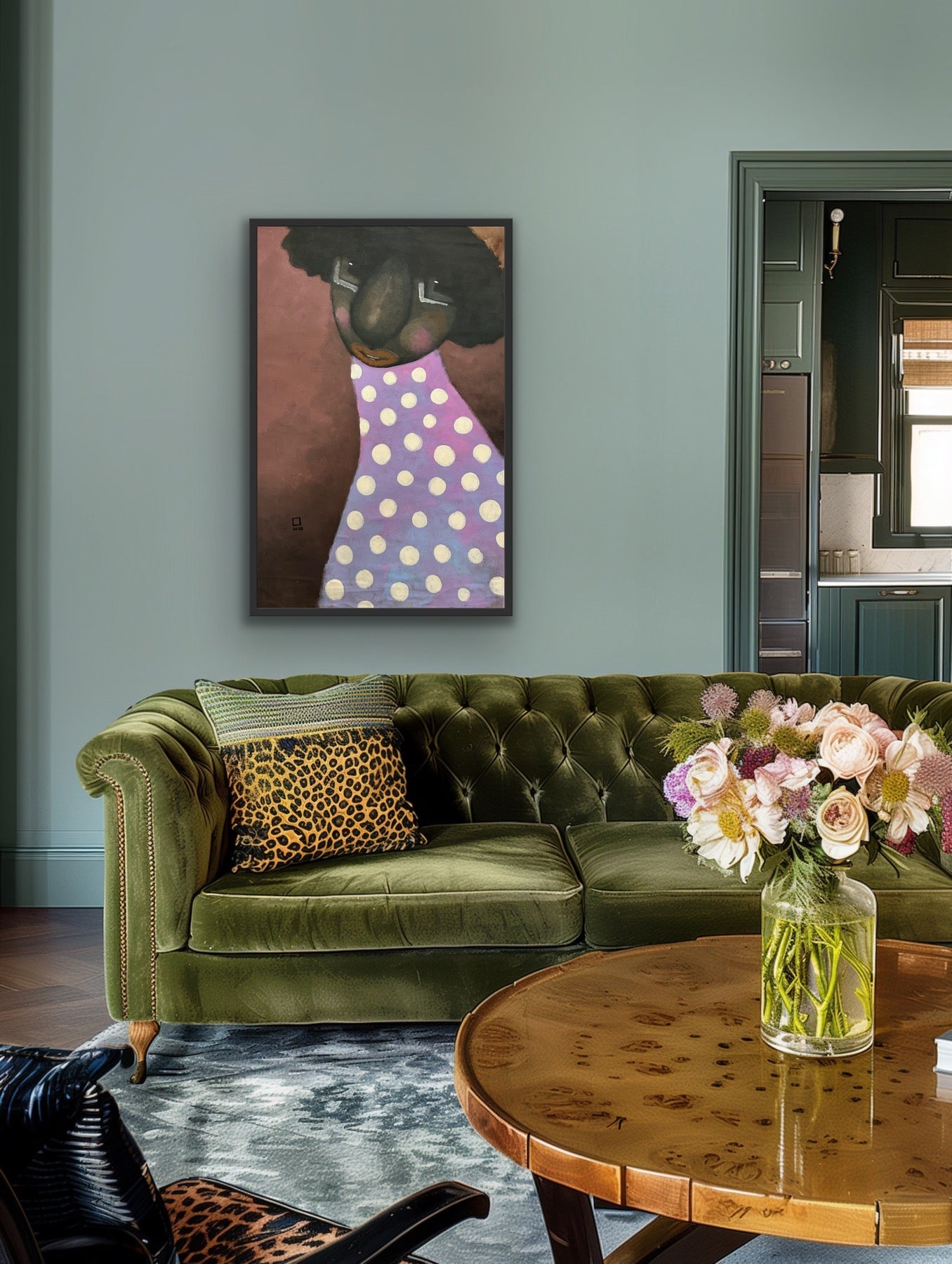 A stylish living room with a green tufted sofa, leopard print pillow, round wooden coffee table with flowers, and "Untitled" Contemporary Portraiture by Prince Obasi on a muted green wall.
