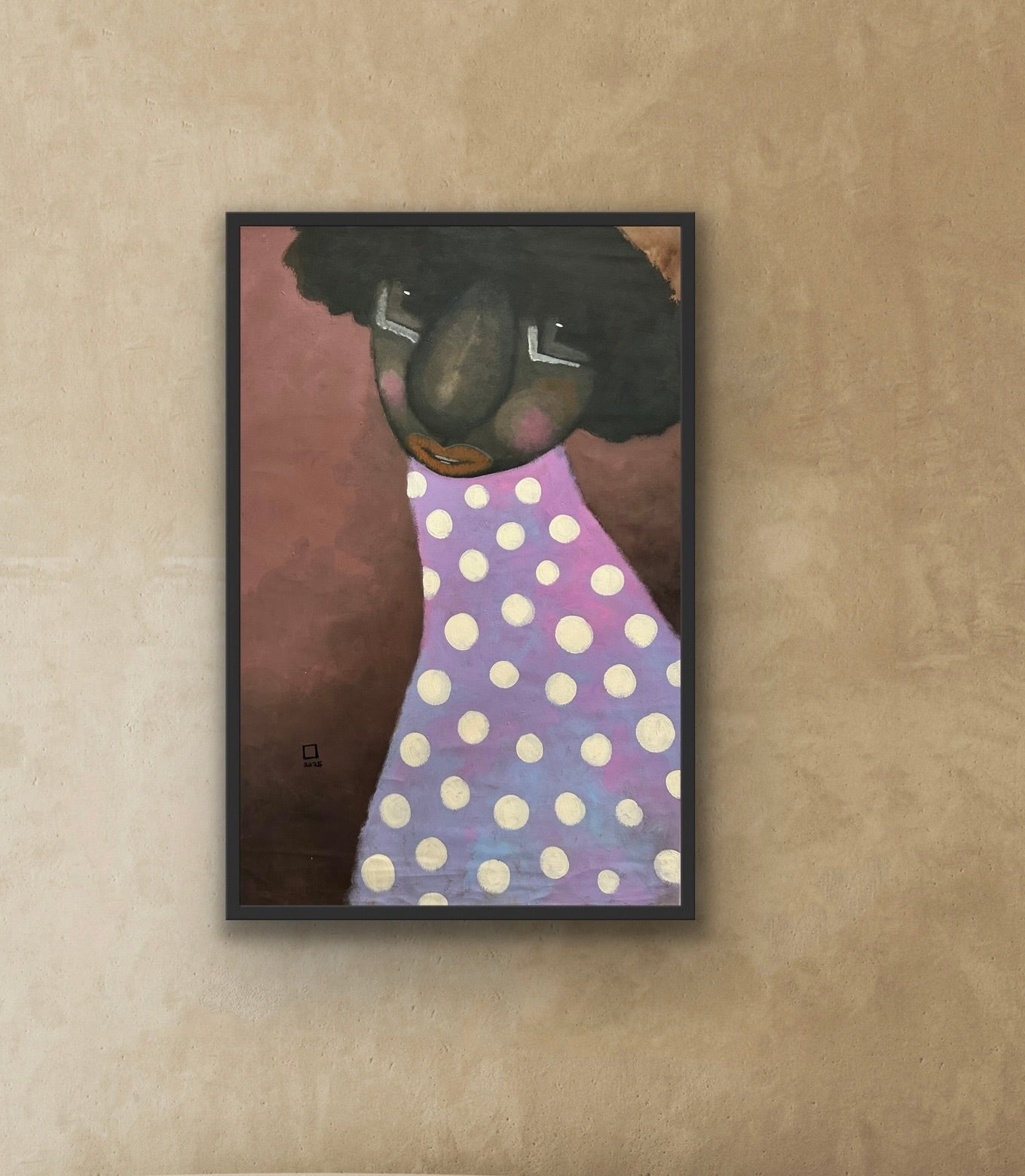 Untitled" Contemporary Portraiture by Prince Obasi is a framed acrylic on canvas painting featuring an abstract dark-skinned figure with curly hair, a rounded nose, and a purple polka-dot top, set against a plain beige wall.