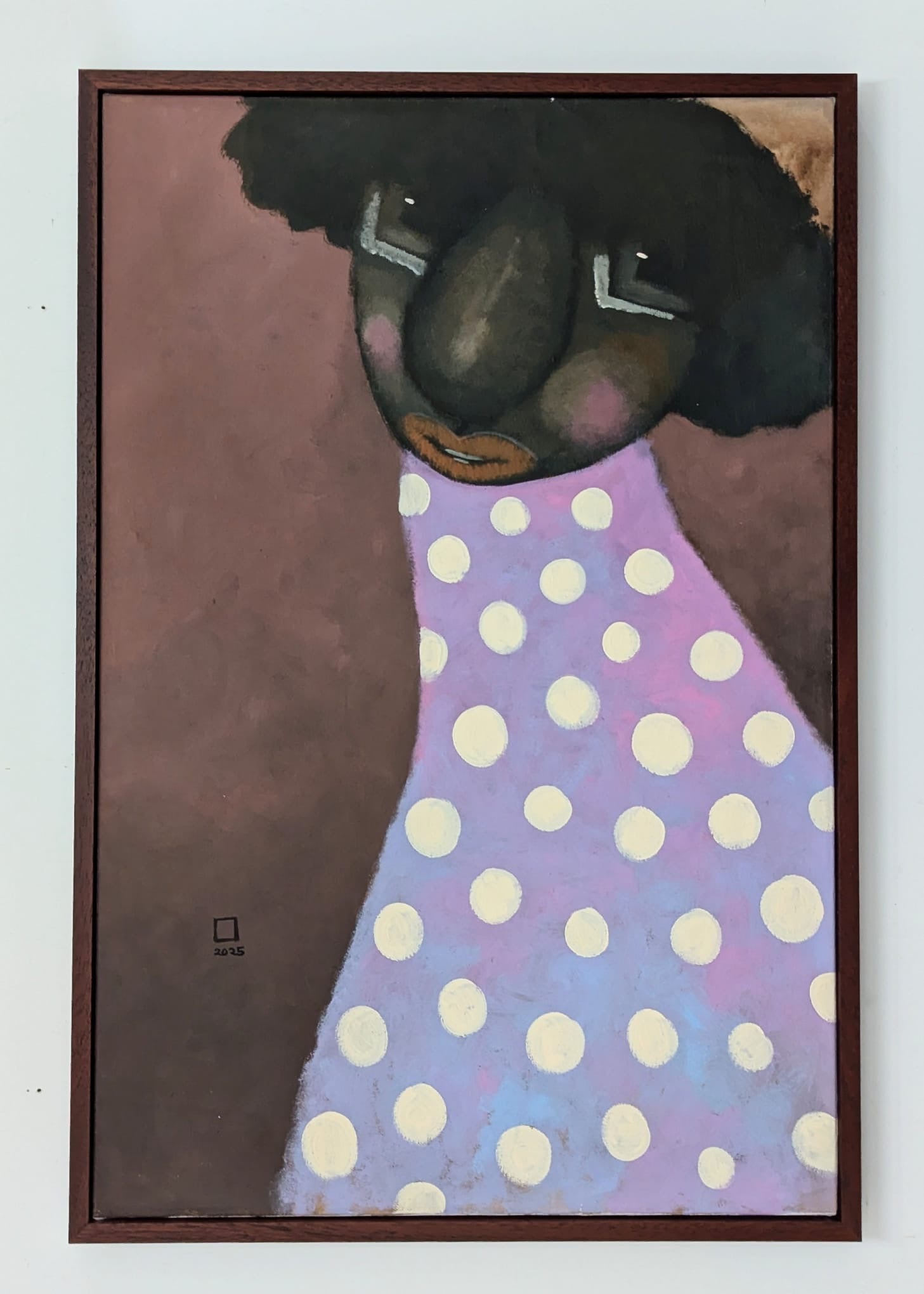 Untitled" Contemporary Portraiture by Prince Obasi features a dark-skinned figure with bold features, square glasses, and a pink polka dot dress, set against a brown backdrop and framed in slim dark wood. Inspired by 19th-century European portraiture.