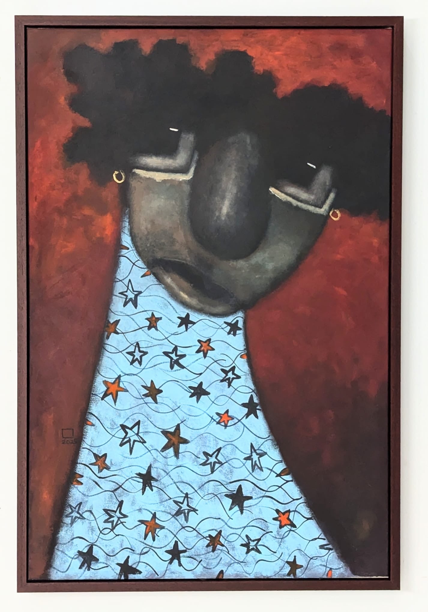 Untitled" by Prince Obasi is an acrylic on canvas depicting a person with a large nose, round glasses, and an afro in a light blue starfish-patterned garment set against a deep red background.
