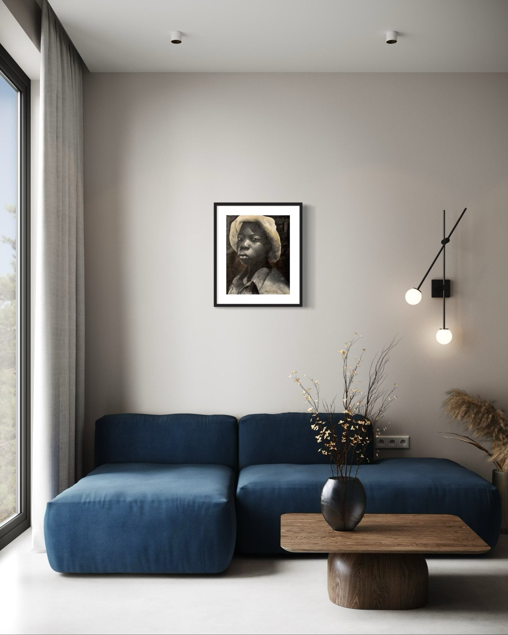 A modern living room with a blue sofa, a wooden coffee table topped with a vase, and the "Original Portrait by Kehinde Badmus" by Kehinde Badmuss mounted above the sofa. Large windows with light curtains fill the space with natural light.
