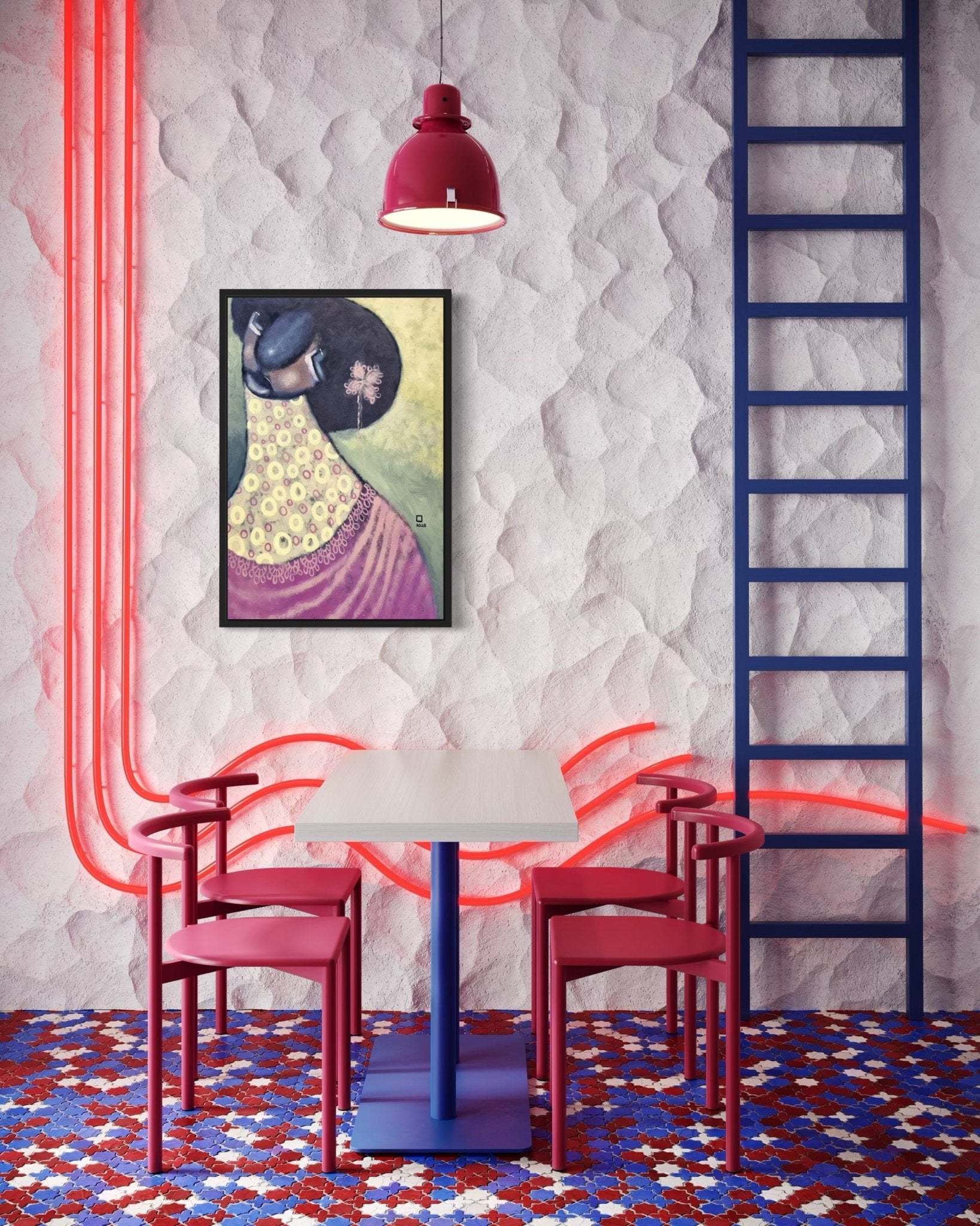 A modern café with a white textured wall, red chairs, light wood table, blue ladder, red fixtures and pipes, patterned floor tiles, and a unique touch: "Untitled" Portrait Painting Price Obasi by Prince Obasi displayed on the wall.