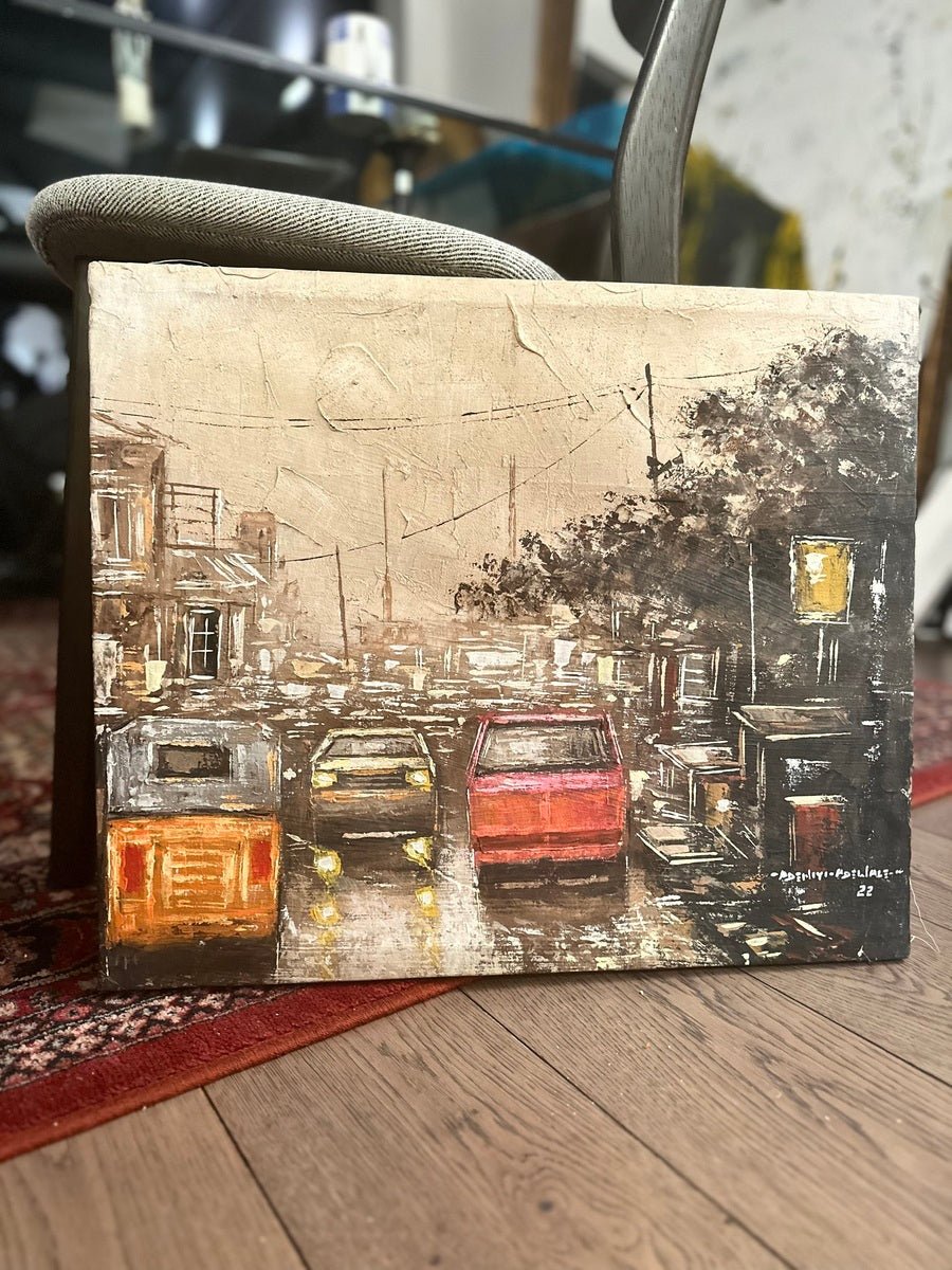 Urban Street Scene Painting With Vintage Cars, "These City Streets" by artist Adeniyi" - Bibianna African Art Collective