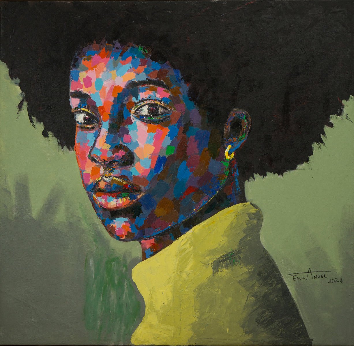 Afro Beautiful" by Agboola Emmanuel I is a vibrant African portrait featuring a woman with an afro, her face in bold blue, red, pink, and purple hues against a green background—impressionistic and expressive.