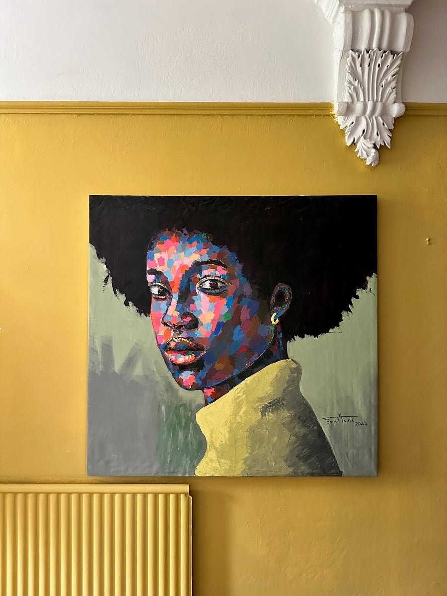 Afro Beautiful," a vibrant African portrait by Agboola Emmanuel I, showcases bold geometric shapes and an impressionistic color palette—perfect as luxury home decor for adding modern style and color to your space.