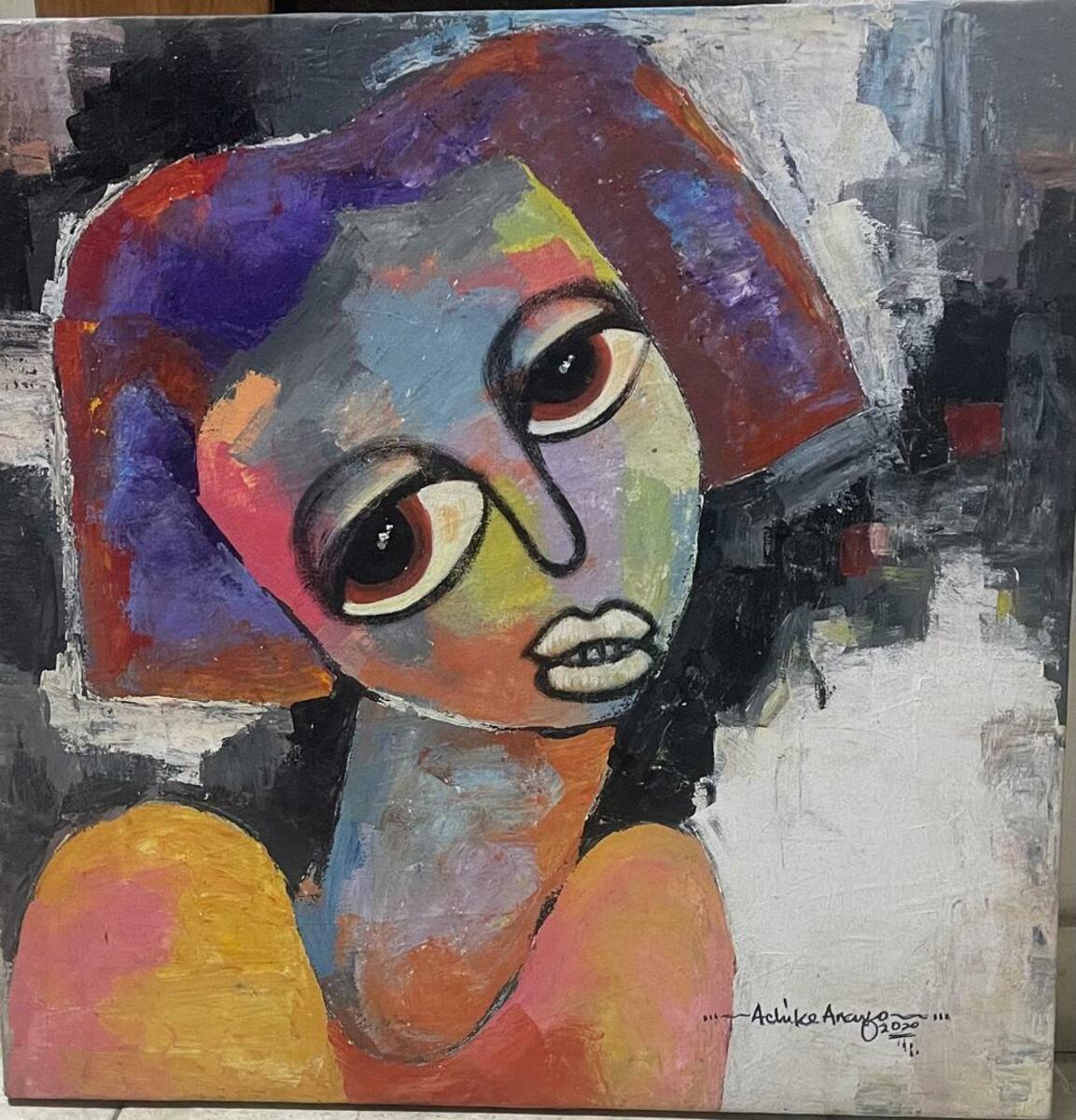 ‘We Survived’ by Achike Anayo is an abstract painting of a person with large eyes and multicolored skin, set against a textured gray, white, and black background. Hand-signed and includes a certificate of authenticity.