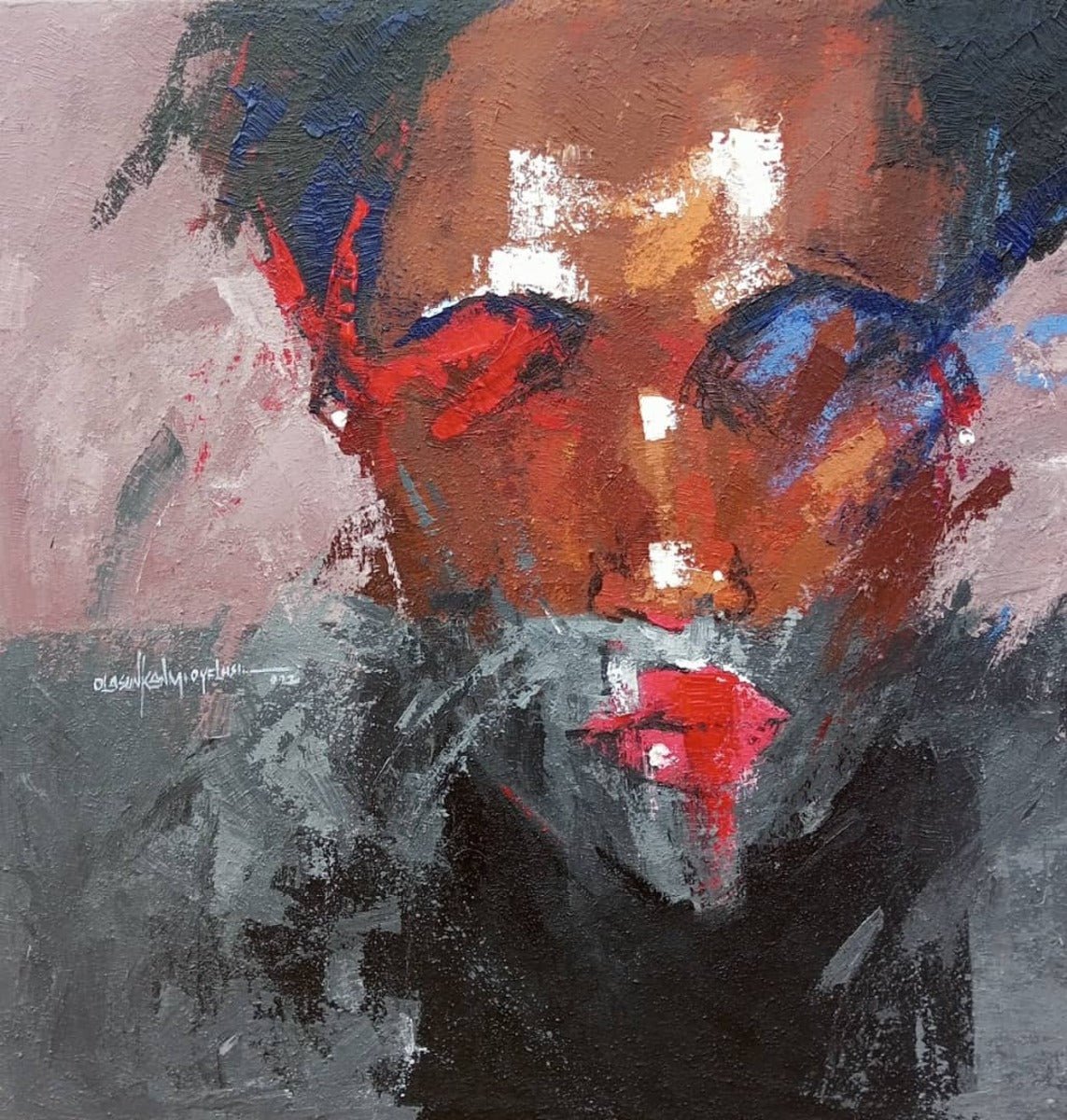 Where I Am" (93 x 93cm) by Olasunkanmi Oyelusi is an abstract acrylic on canvas featuring a face in dark brown tones, bold red and blue eye accents, vibrant red lips, and a textured gray-pink background for a hazy effect.