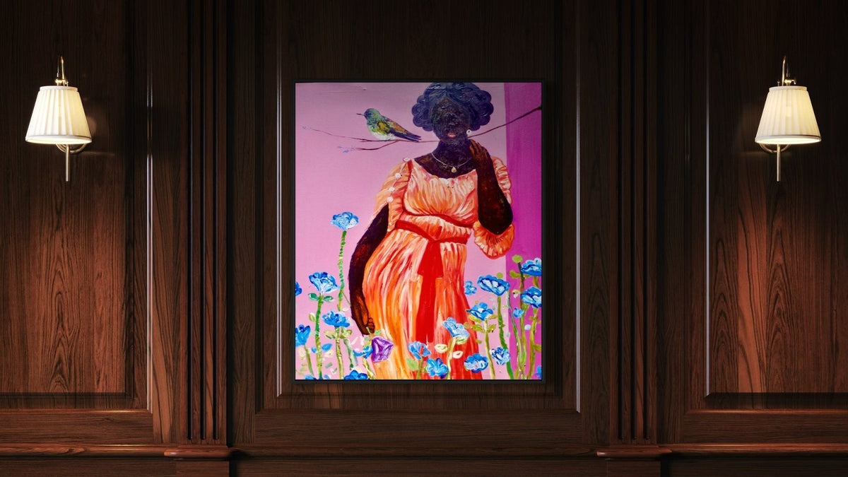 Stylised painting of a black lady in a flowing gown in a field of flowers against a pink background