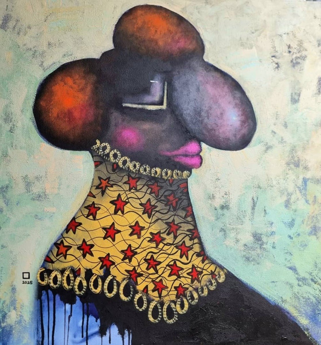Prince Obasi portrait with abstracted face, a single square eye and a star-patterned beaded collar, against a pale green ground.