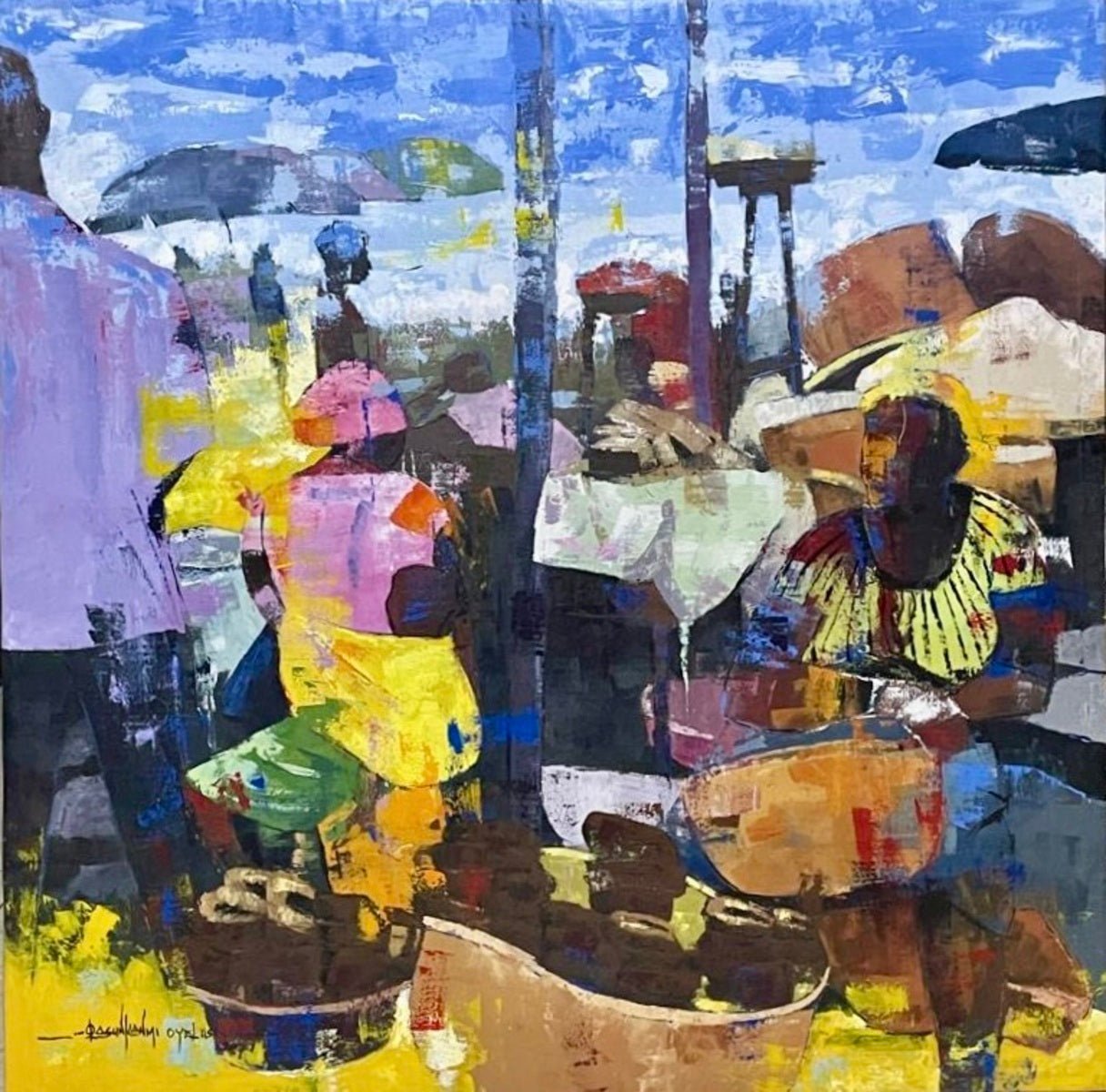 Colorful painting of a bustling outdoor market, with people in vibrant clothing, baskets on the ground, and umbrellas overhead under a bright blue sky.