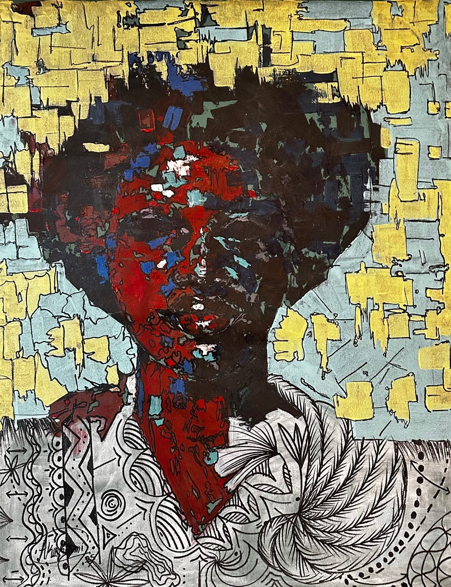 Abstract portrait of a person with a red, blue, and black face, geometric patterns on their clothing, and a bright yellow, fragmented background. The artwork is bold and textured.