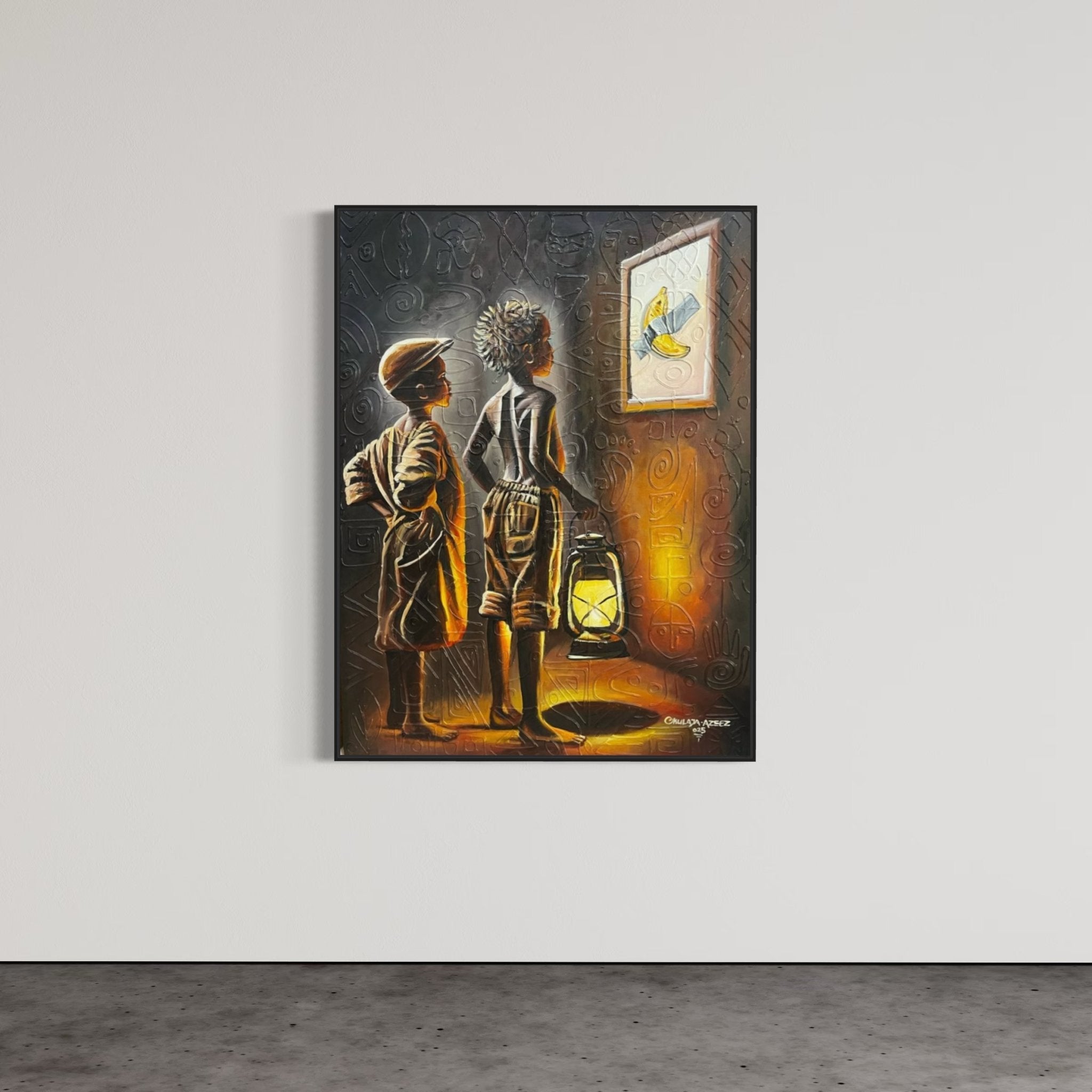 A painting of two children holding a lantern, gazing at a framed picture of a yellow bird on a wall. Warm yellow and orange hues highlight the scene against a plain background.