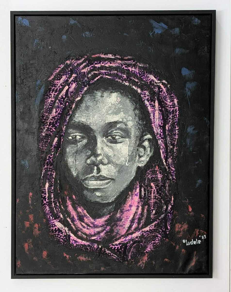 A textured painting shows a person with a neutral expression, draped in a purple and pink scarf against a dark background. The signature Oladele 23 appears in the bottom right corner.
