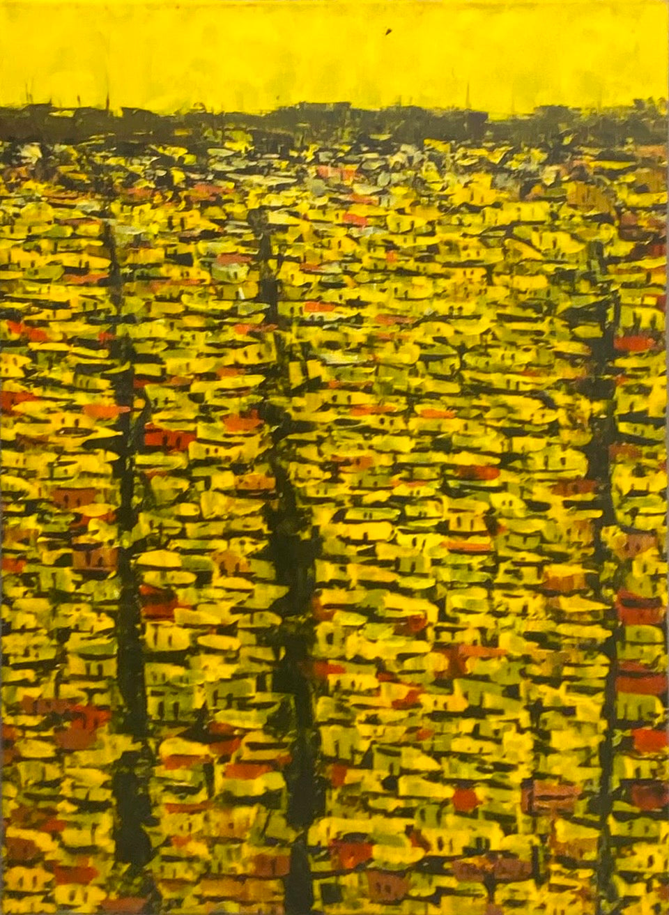 An abstract painting depicting a dense field of yellow, green, and red brushstrokes with dark vertical streaks, under a solid yellow sky.