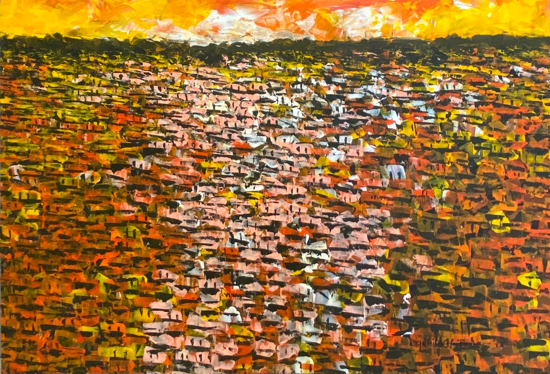 An impressionistic landscape painting depicting a dense hillside village or city rooftops scene with textured brushstrokes in orange, yellow, brown, green, and white, under a bright yellow sky.
