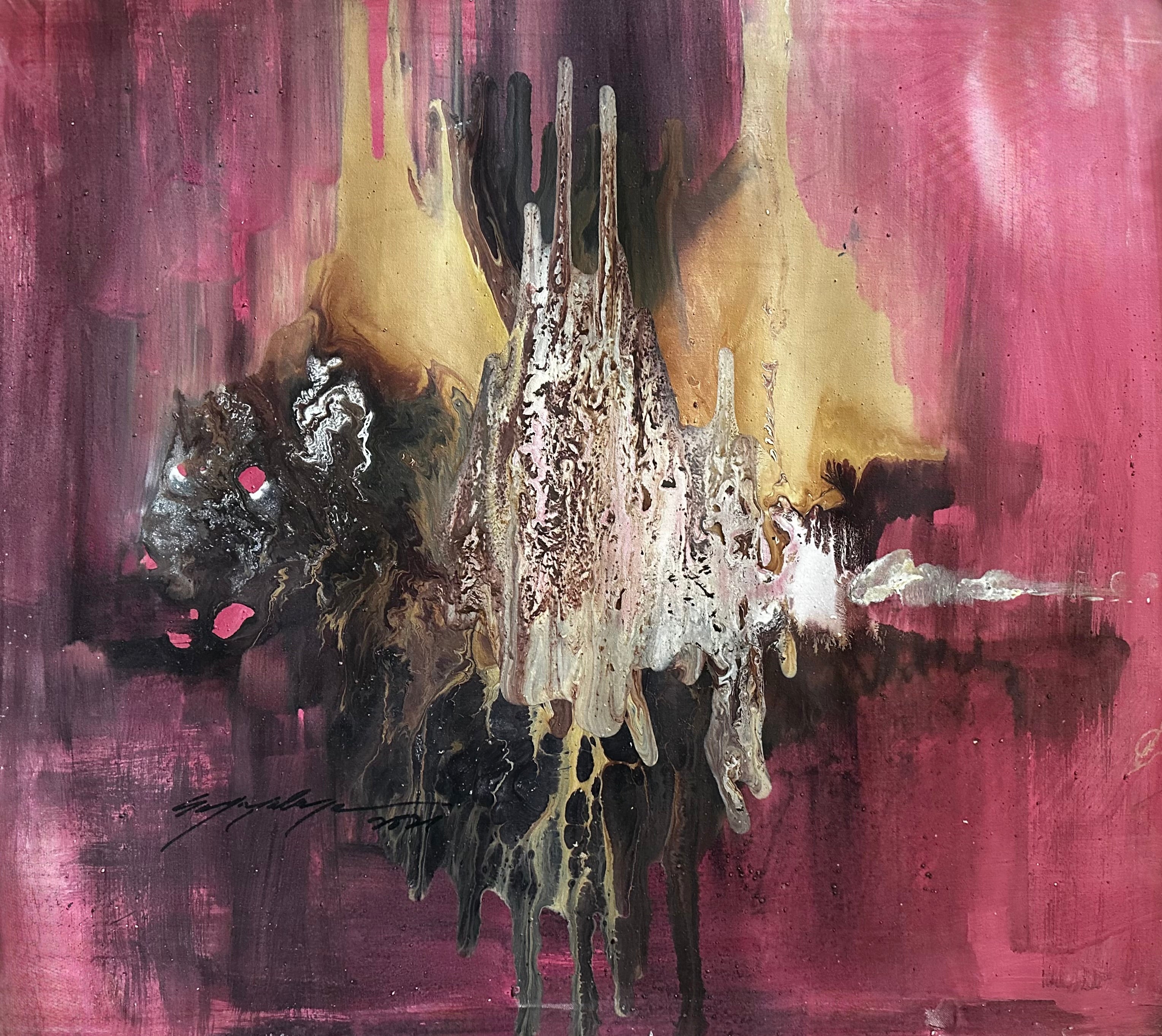 Majority" by Soji O: Abstract oil on canvas in magenta, gold, black, and white with textured forms on a vibrant pink background. Hand-signed by the artist and comes with a certificate of authenticity.