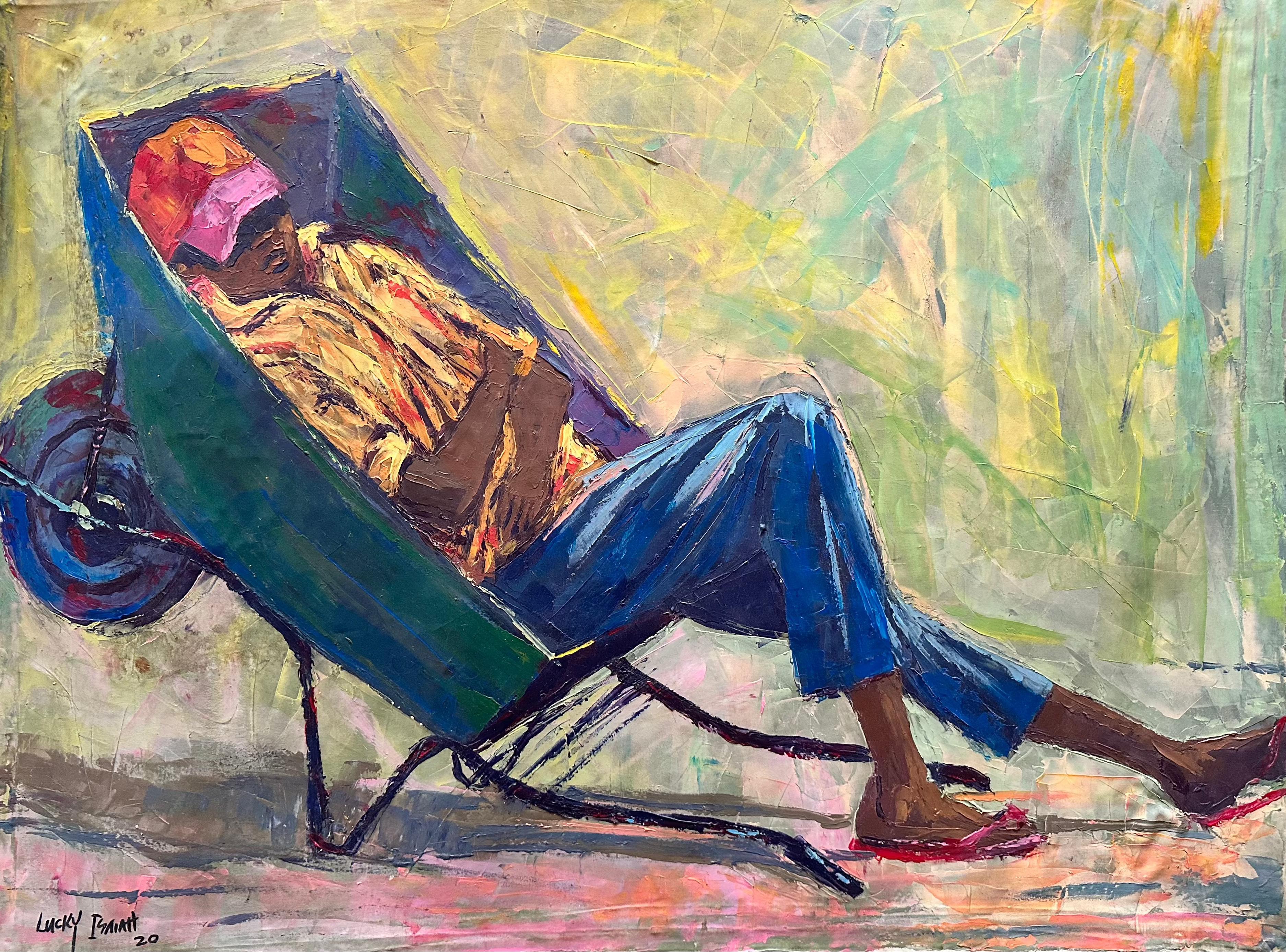 "Hope In God" Original expressionist painting of a man napping in a wheelbarrow