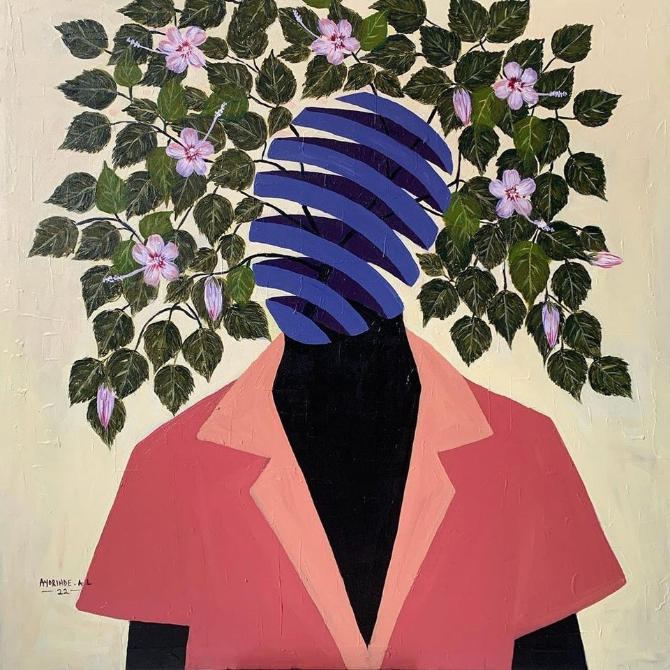 A painting of a figure in a red jacket with a spiraled, hollow head. Instead of a face, leafy green branches with pink flowers emerge from the head against a pale yellow background.