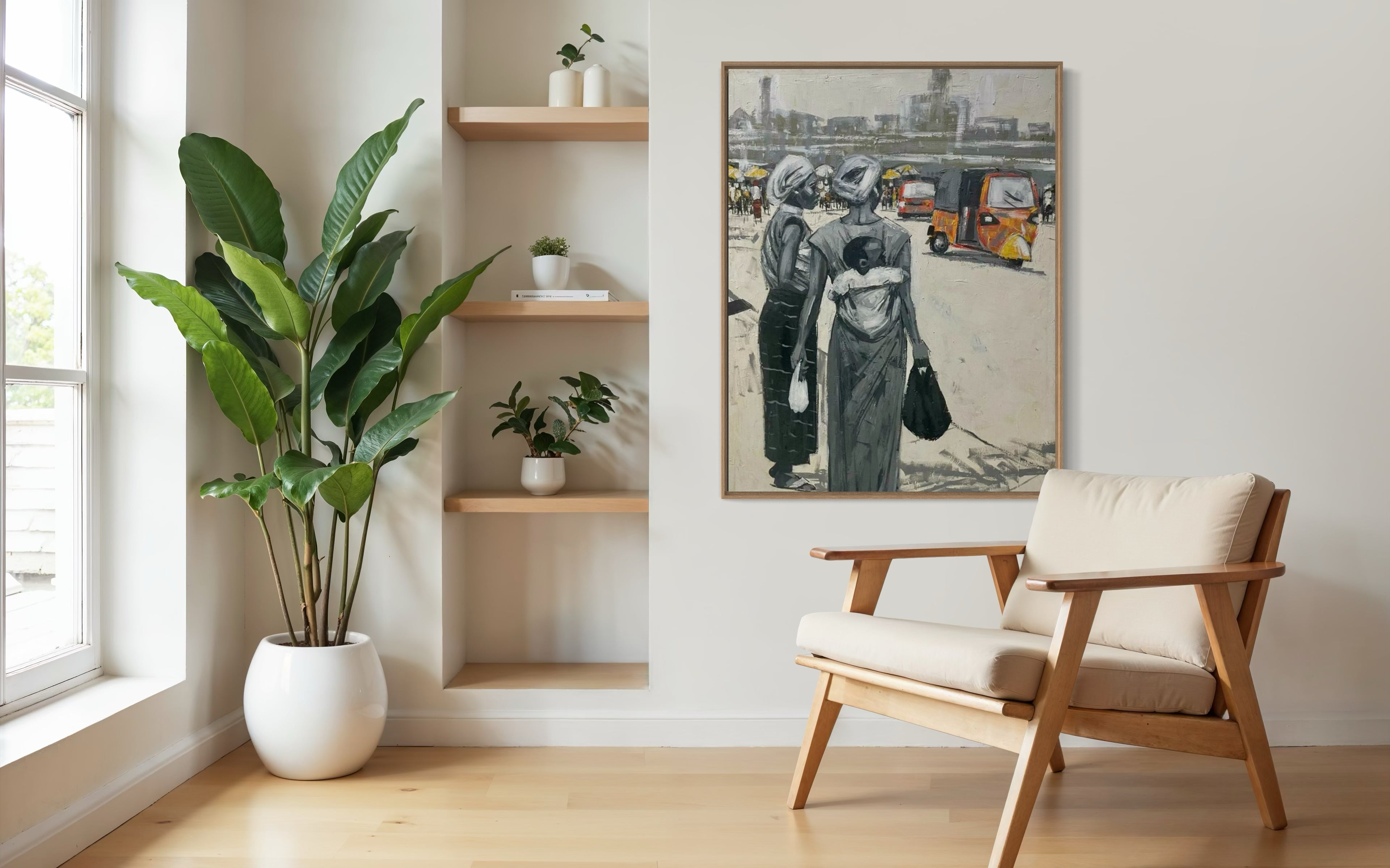 A modern living room with a wooden chair, large potted plant, floating shelves with decor, and "Lagos Life" City Scape by Lucky Isaiah—hand-signed and featuring people and rickshaws—hanging on the wall.