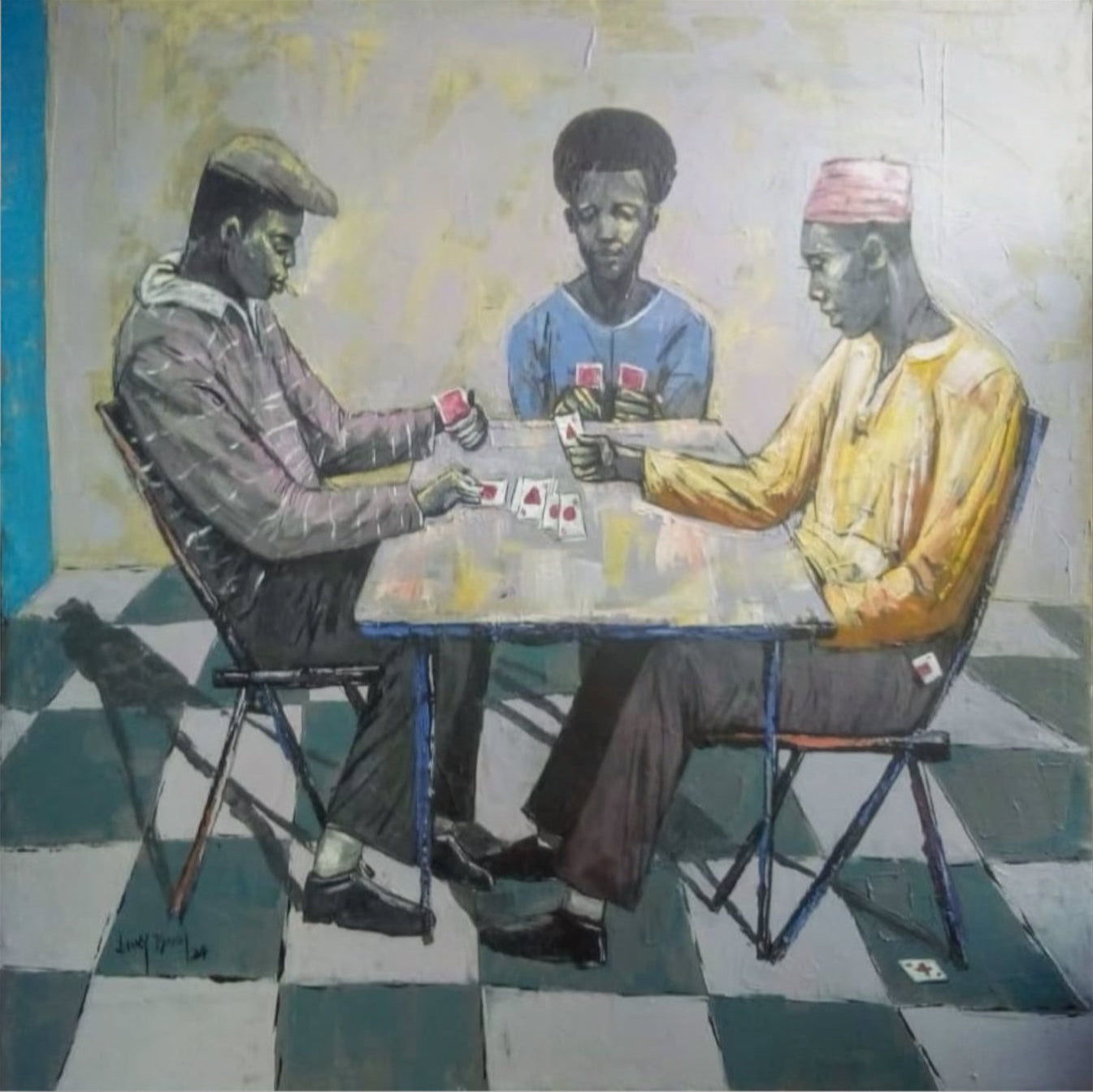 Cartels" by Lucky Isaiah depicts three men playing cards on a black-and-white checkered floor, rendered in expressive brushstrokes and muted colors, with a card hidden beneath one foot.