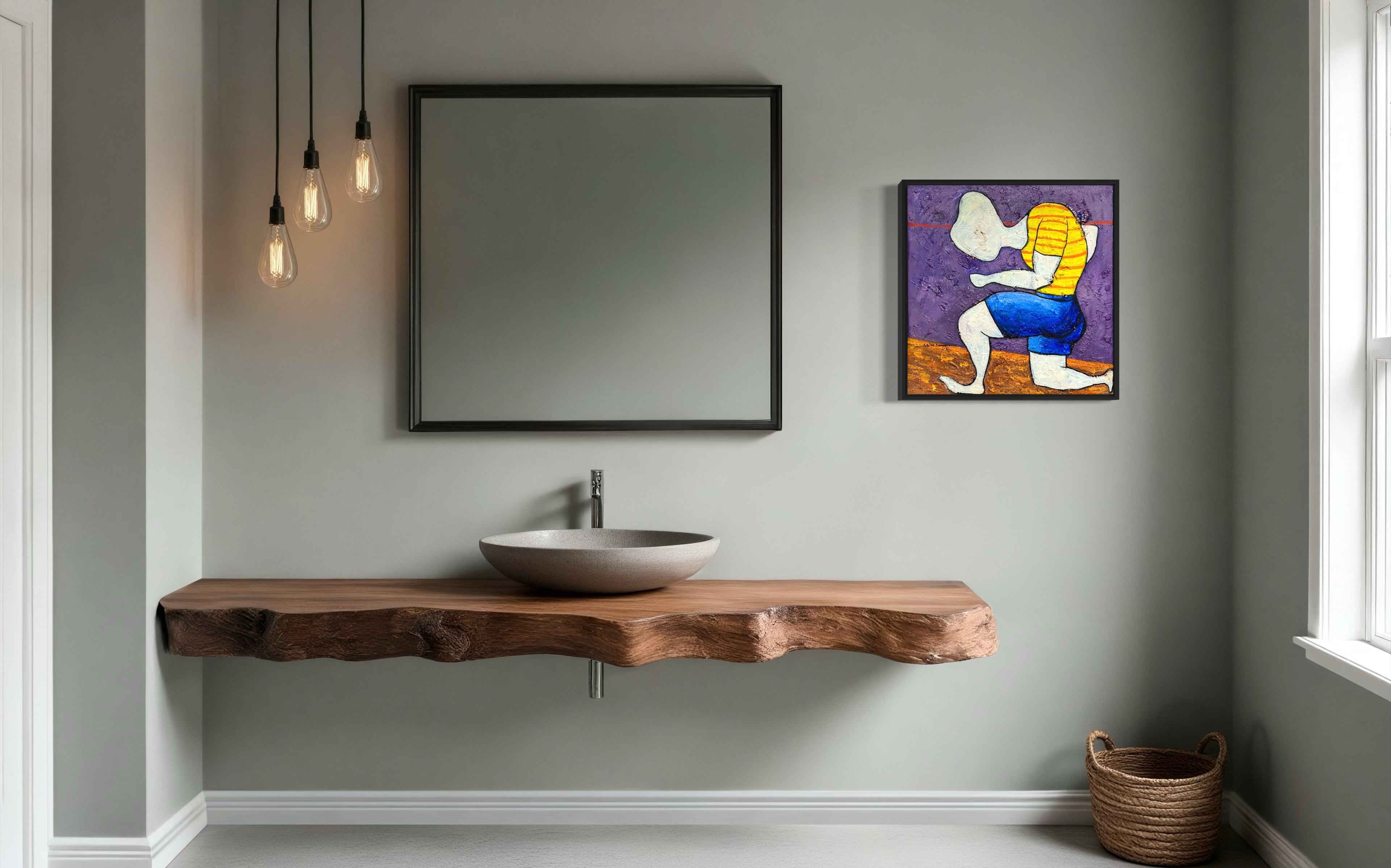 A modern bathroom with a floating wood vanity, vessel sink, three pendant lights, large square mirror, woven basket, and "Dance Of Nature" Expressionist Painting by Achike Anayo on the wall. Natural light streams through a window.