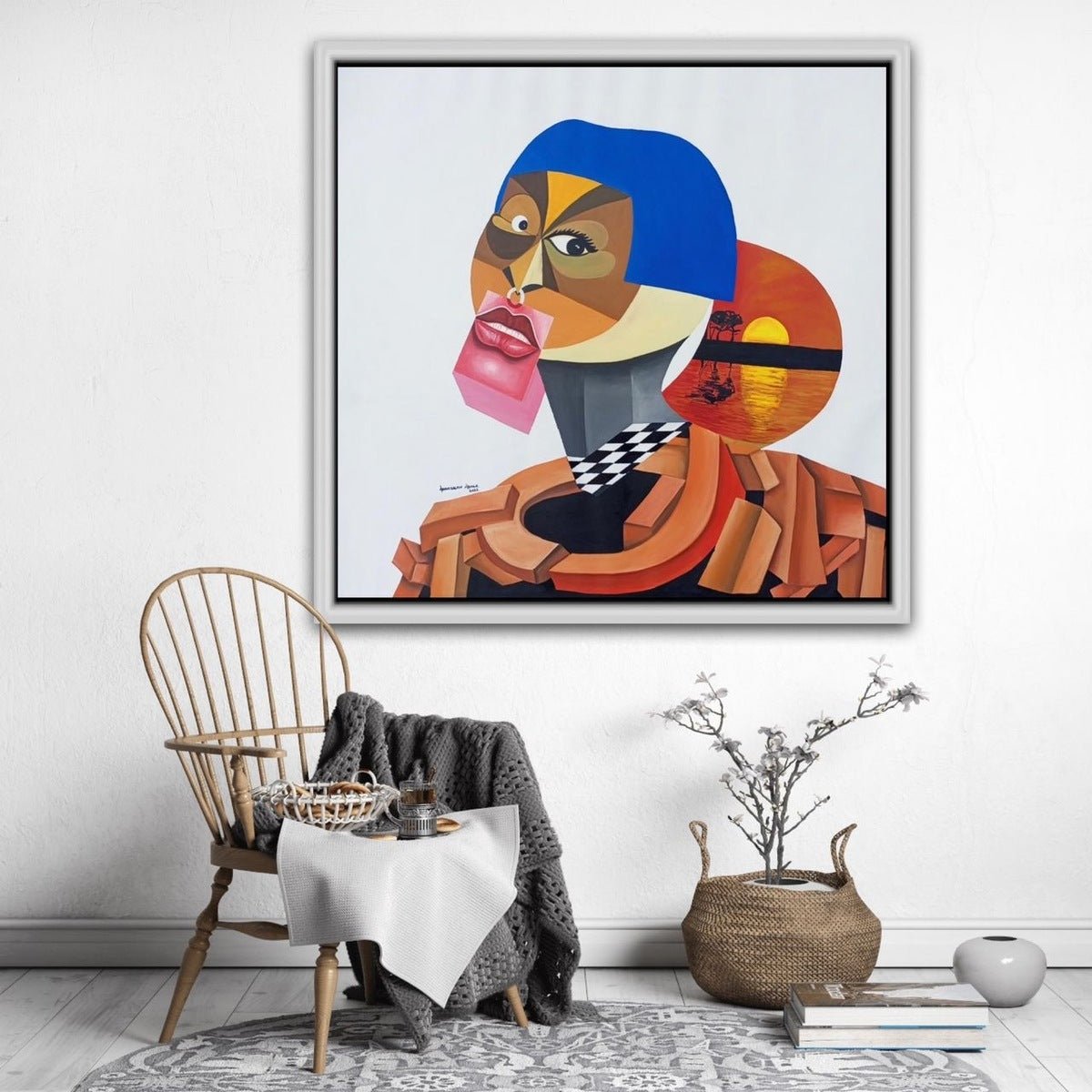 Abstract African Cubist Portrait with Vibrant Sunset Elements, 'Tranquil Night' - Bibianna African Art Collective