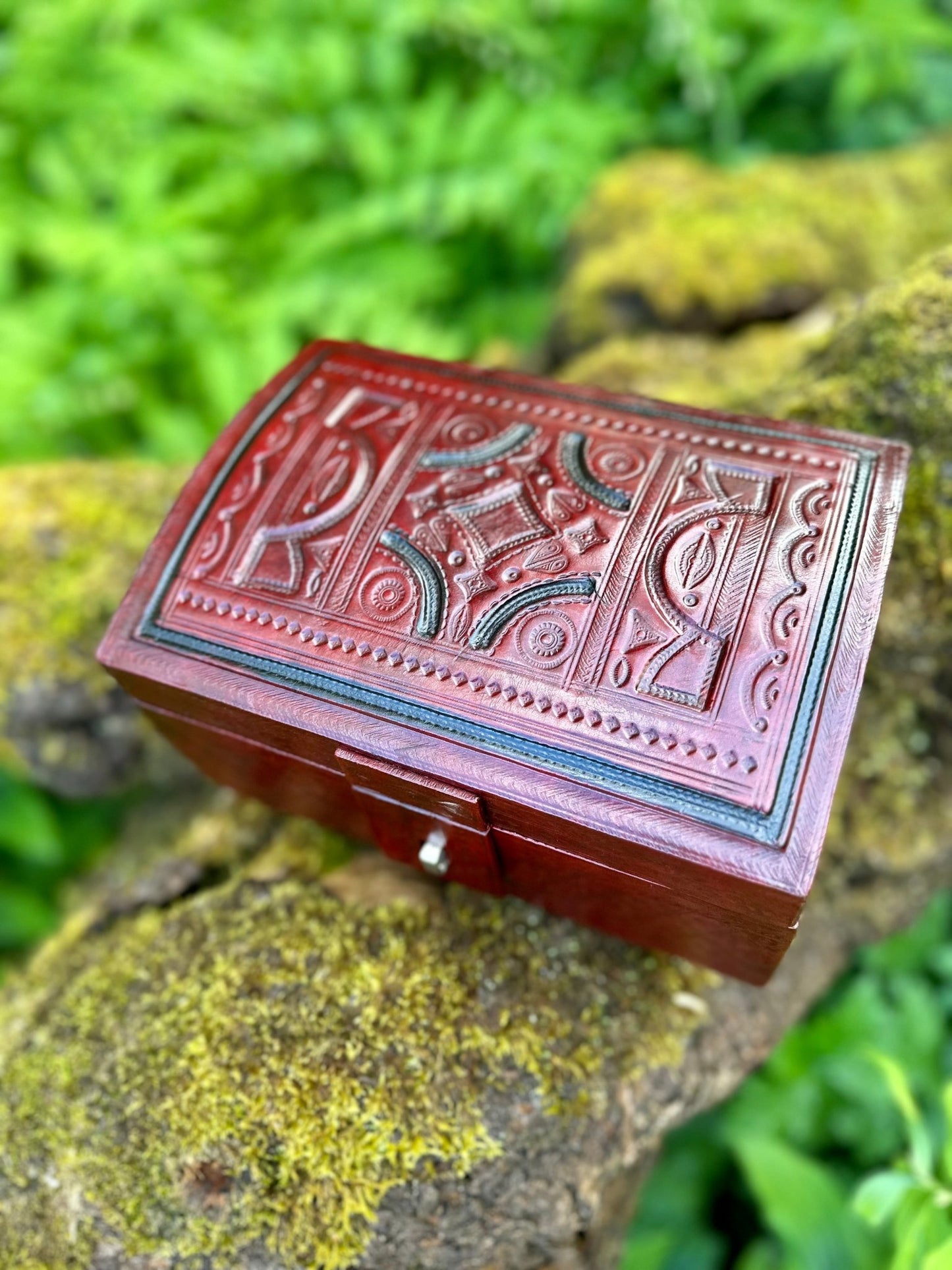 African Tuareg Style Hand - Tooled Red Leather Box - Bibianna African Art Collective