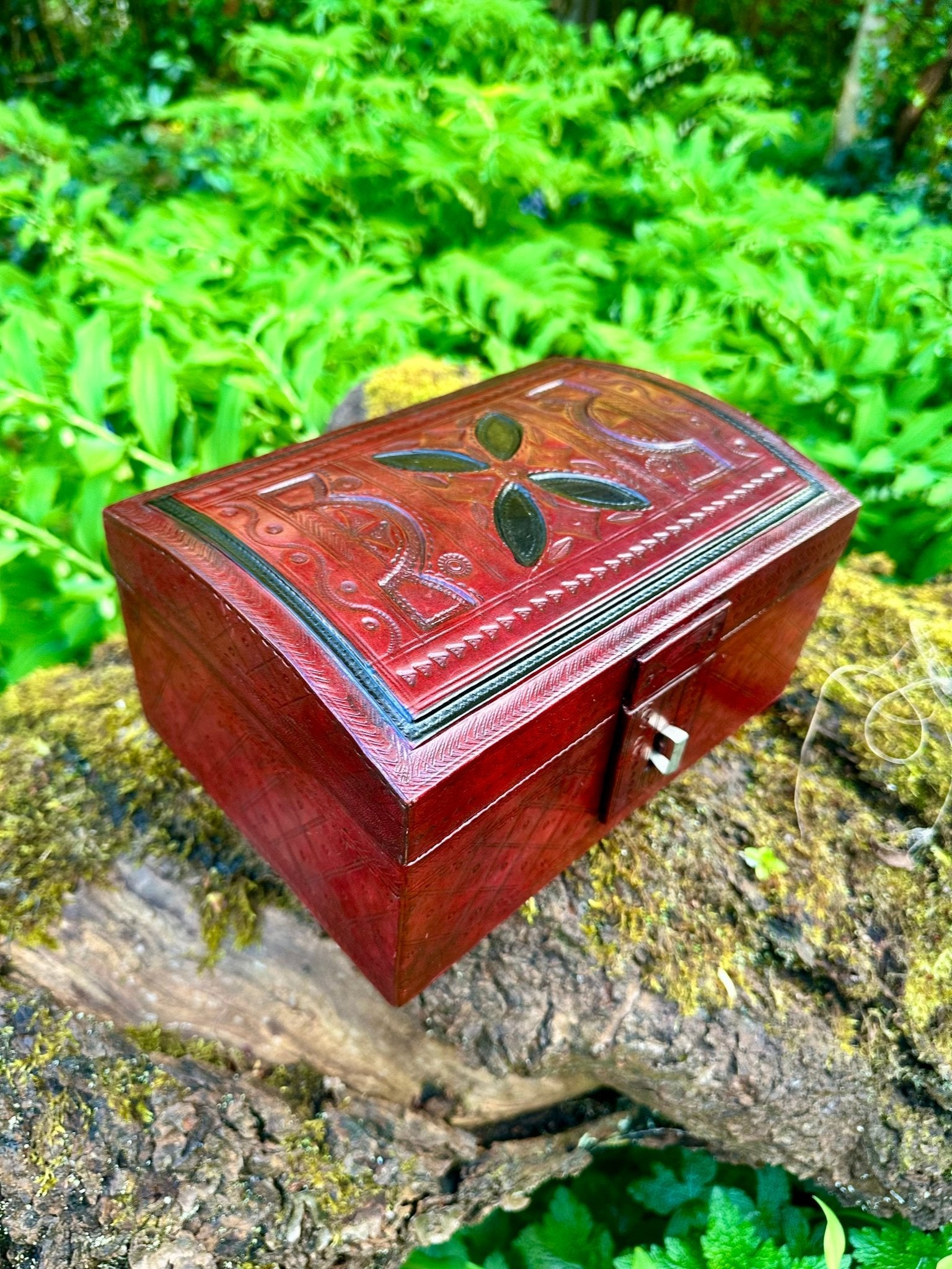 African Tuareg Style Hand - Tooled Red Leather Box - Bibianna African Art Collective