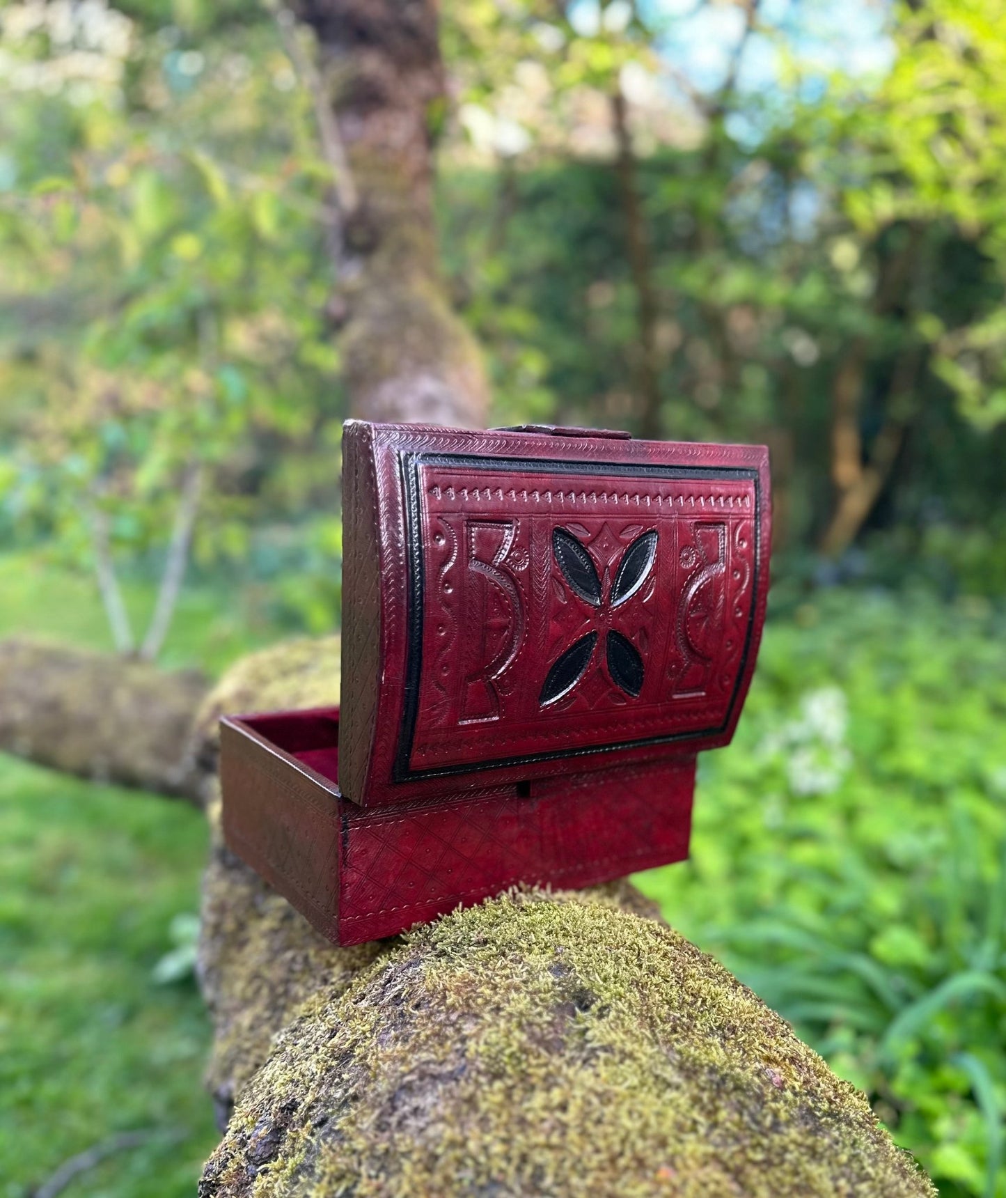 African Tuareg Style Hand - Tooled Red Leather Box - Bibianna African Art Collective