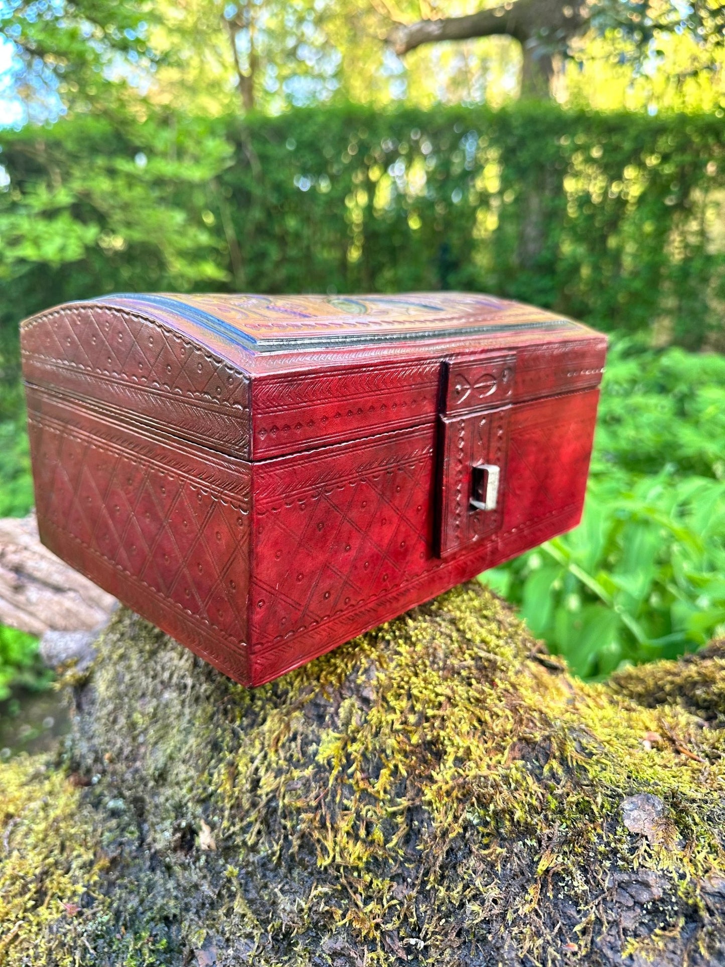 African Tuareg Style Hand - Tooled Red Leather Box - Bibianna African Art Collective