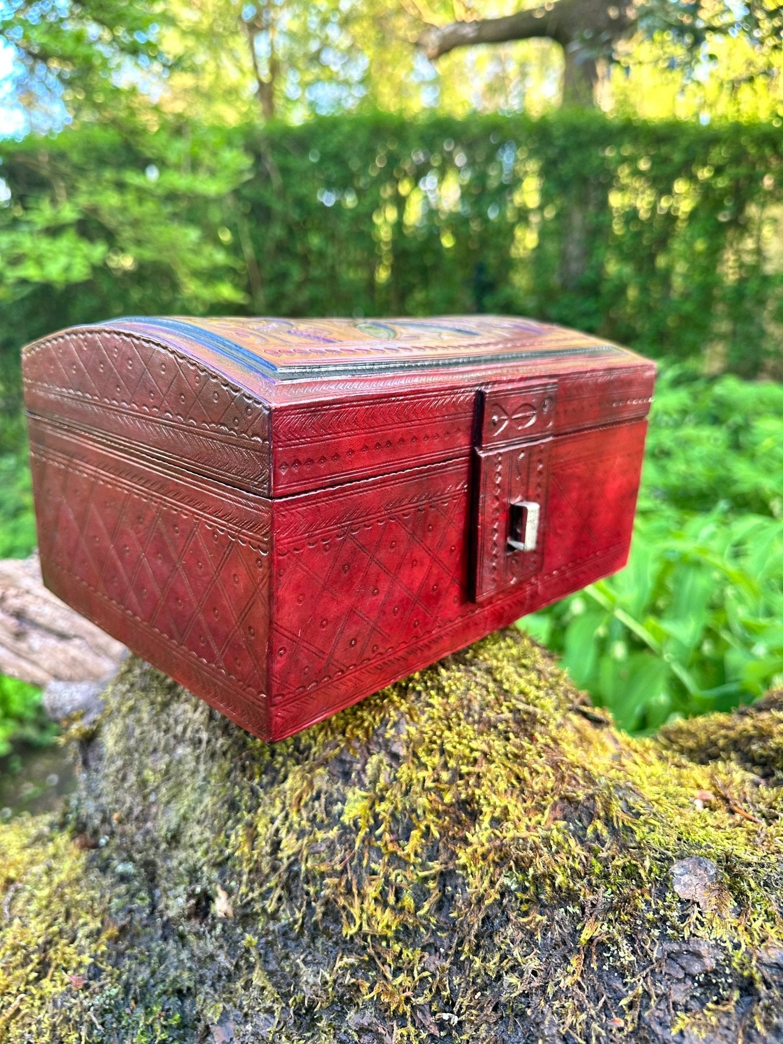 African Tuareg Style Hand - Tooled Red Leather Box - Bibianna African Art Collective