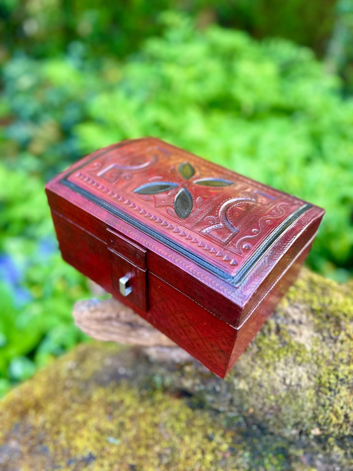 African Tuareg Style Hand - Tooled Red Leather Box - Bibianna African Art Collective