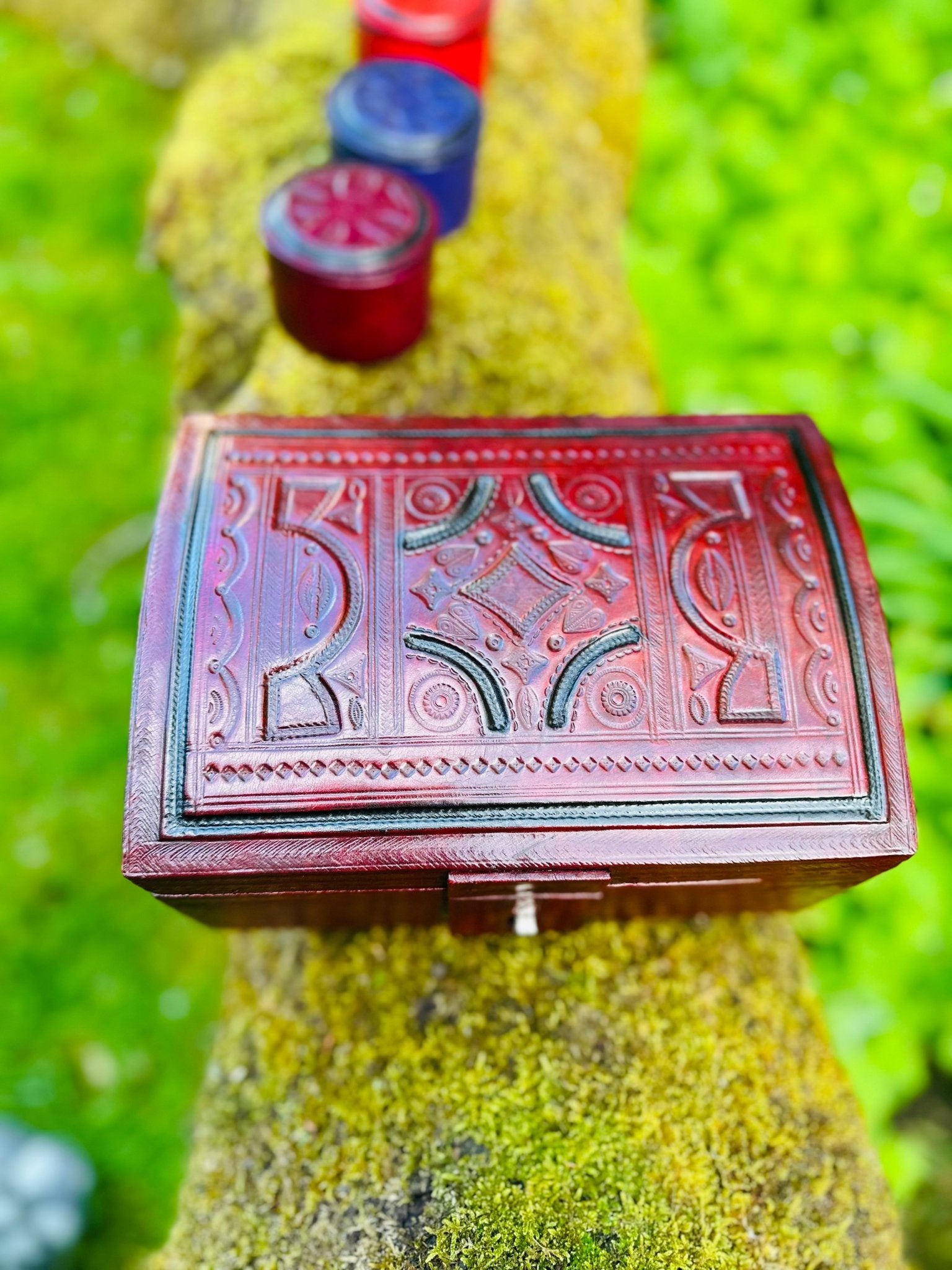 African Tuareg Style Hand - Tooled Red Leather Box - Bibianna African Art Collective