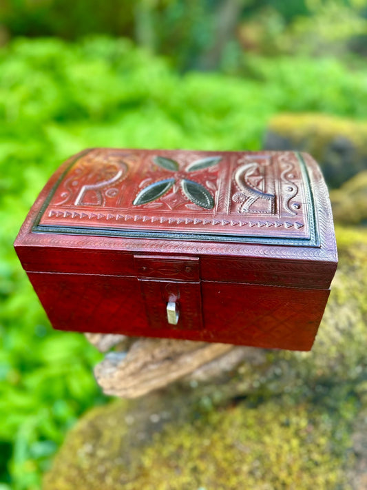 African Tuareg Style Hand - Tooled Red Leather Box - Bibianna African Art Collective