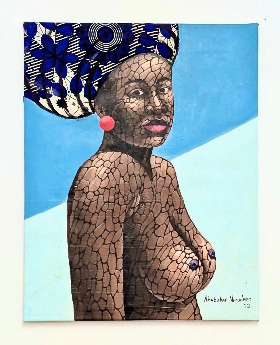 African woman in Ankara gele and red earings. original mixed media painting Acrylic & Ankara - Bibianna African Art Collective