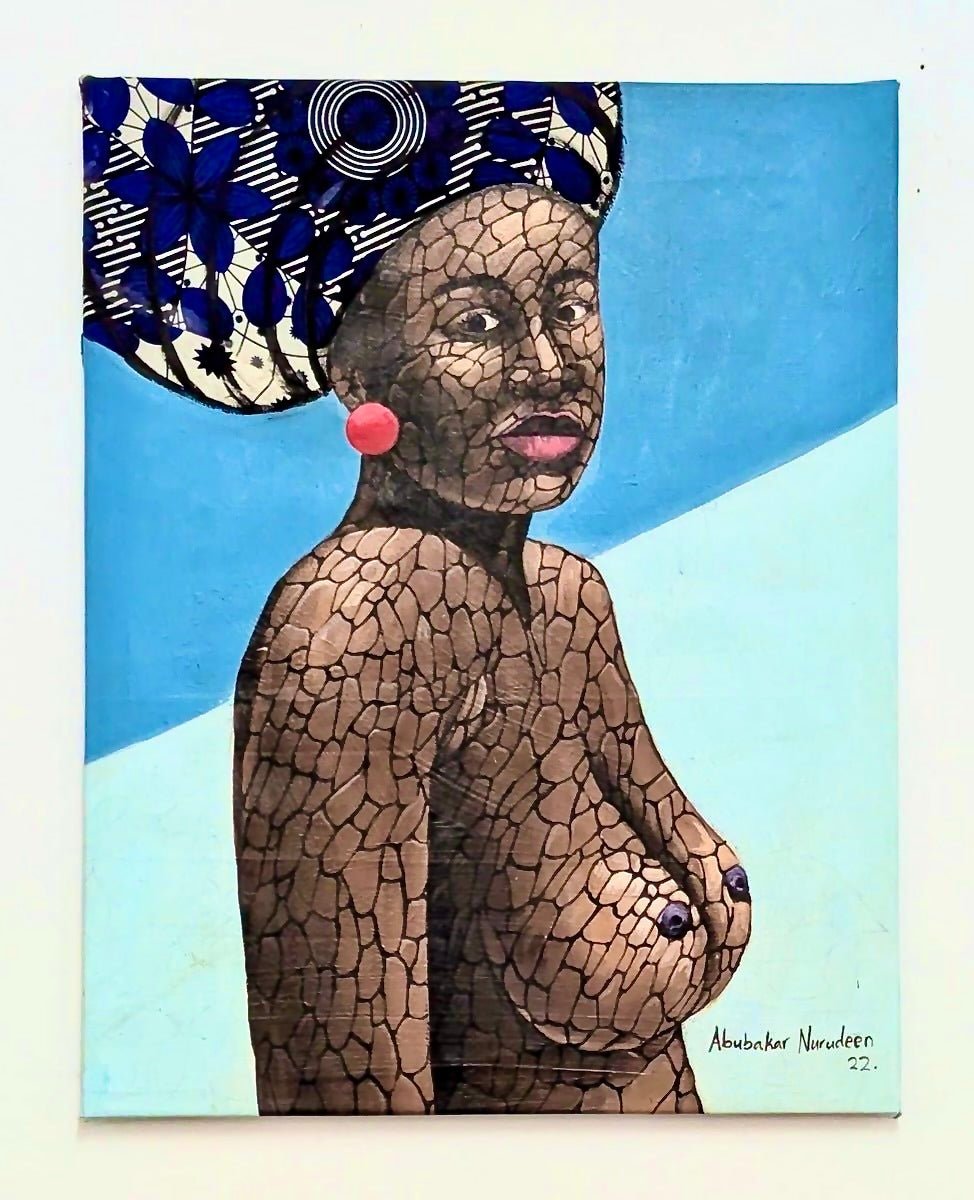 African woman in Ankara gele and red earings. original mixed media painting Acrylic & Ankara - Bibianna African Art Collective
