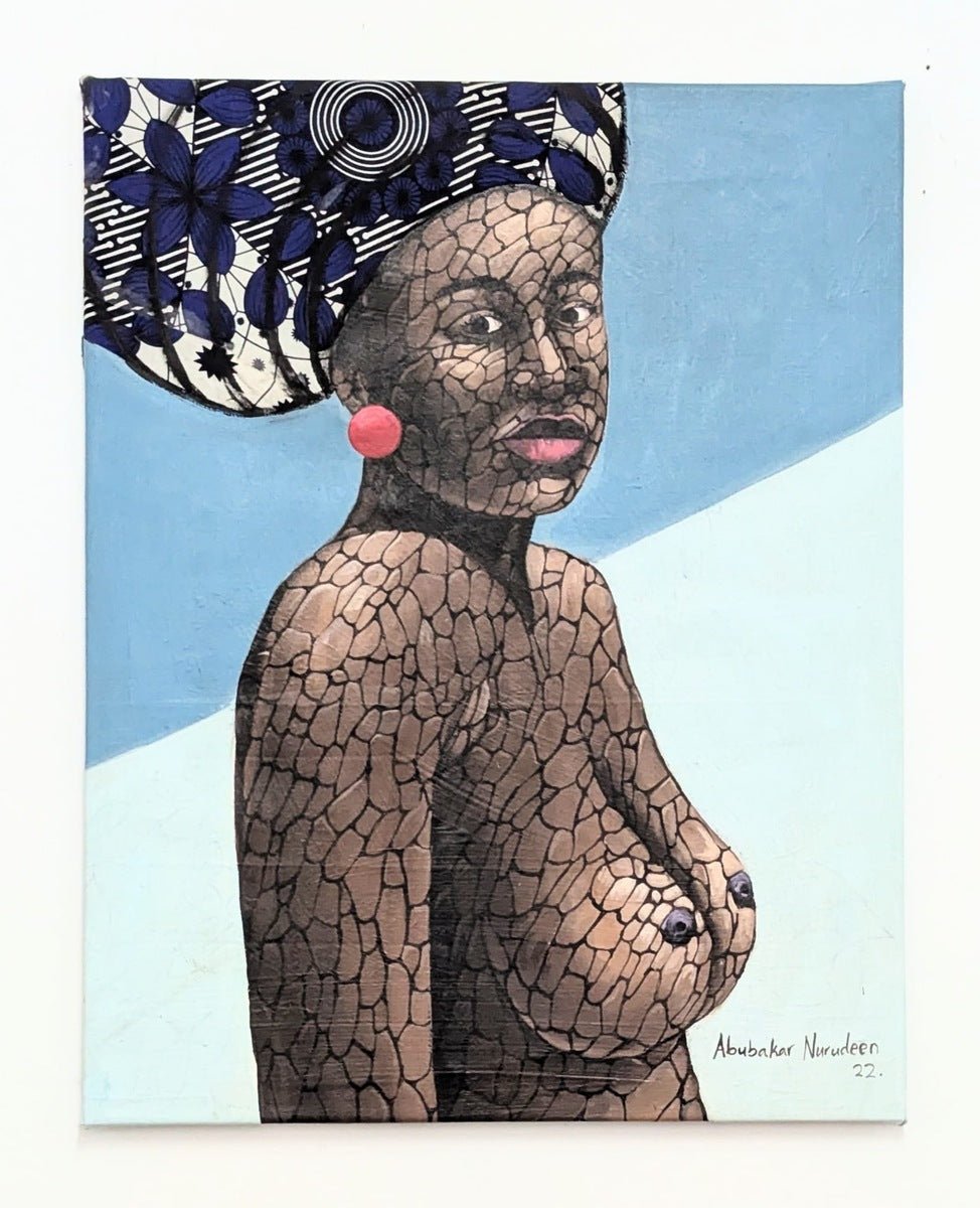 Contemporary nude portrait of an African woman wearing headwrap by Abubakar Nurudeen, textured cracked-skin style on blue background.