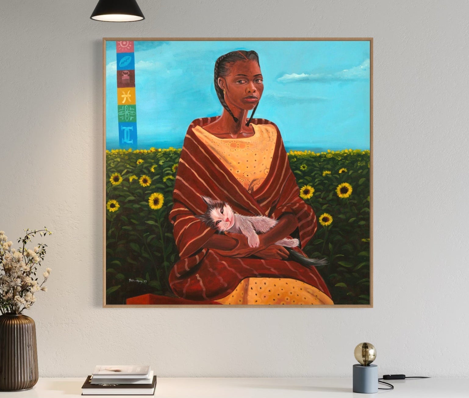 African Woman with Cat in Sunflower Field - A Portrait of Grace. "Her Cat" - Bibianna African Art Collective