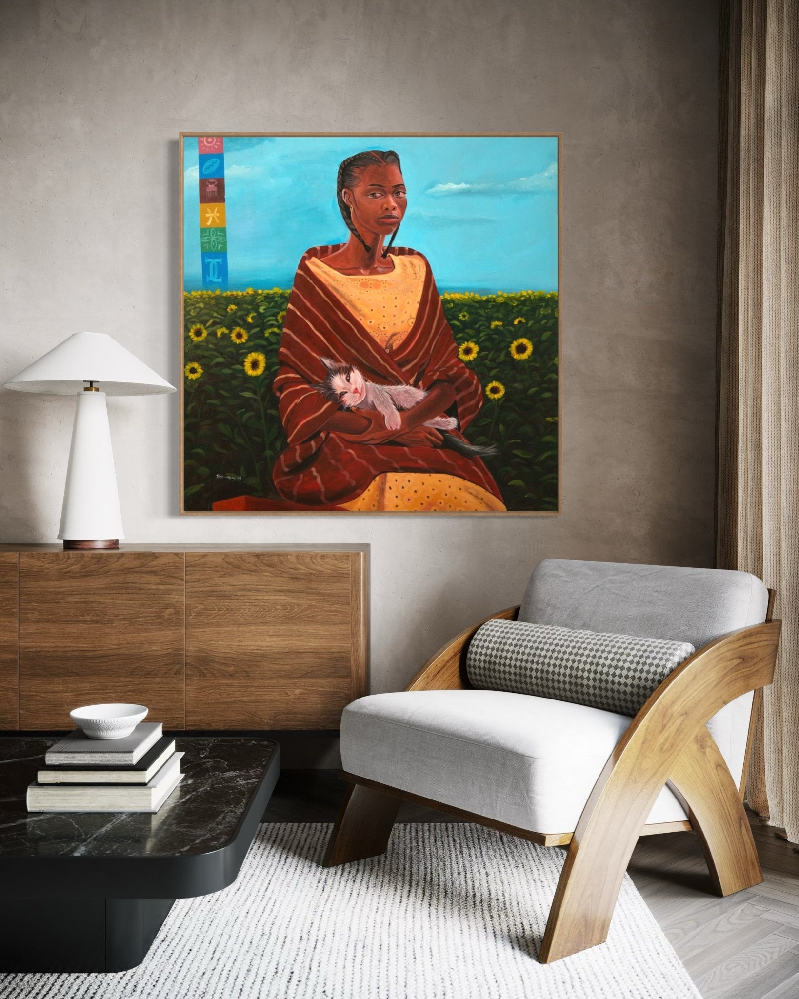 African Woman with Cat in Sunflower Field - A Portrait of Grace. "Her Cat" - Bibianna African Art Collective