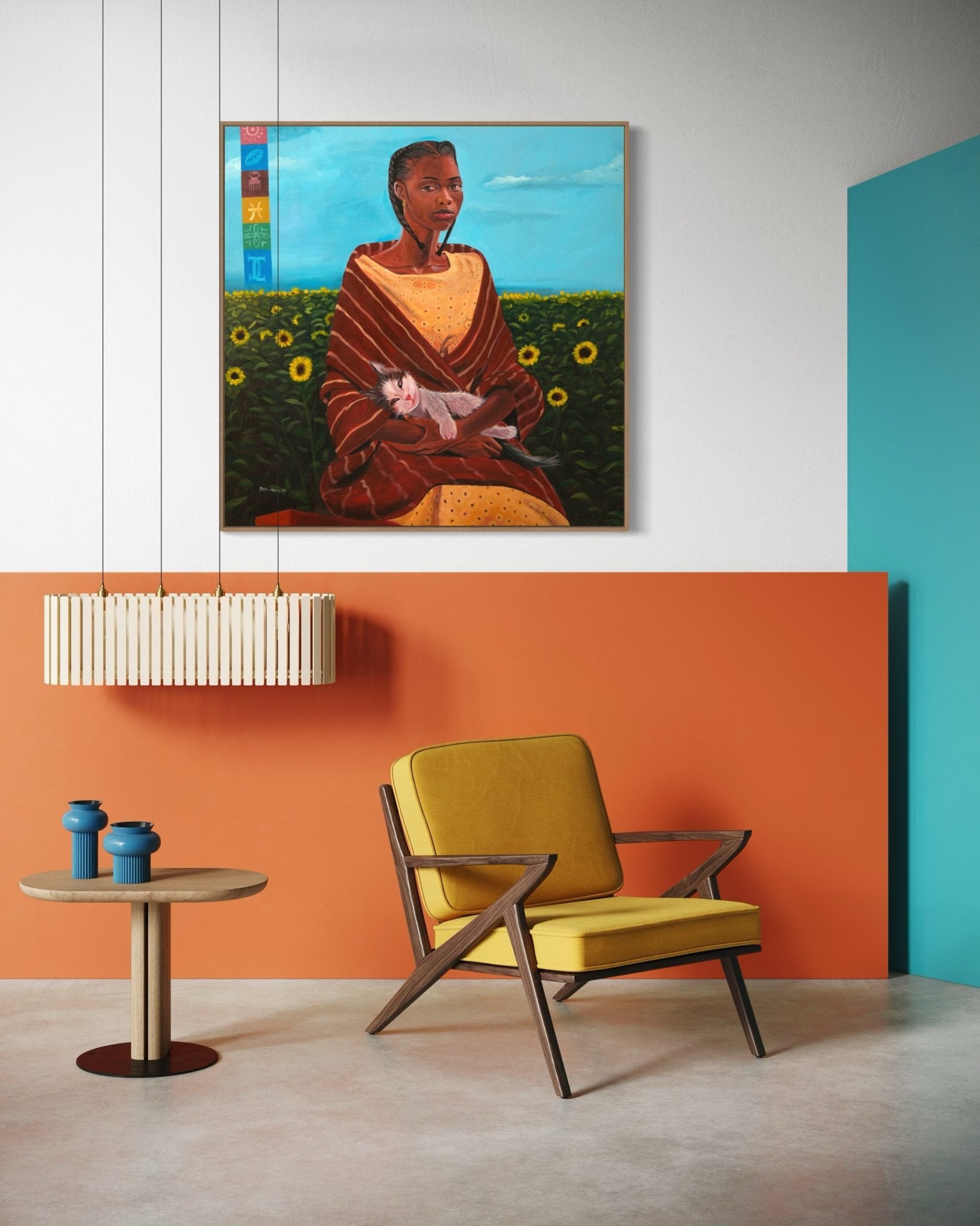 African Woman with Cat in Sunflower Field - A Portrait of Grace. "Her Cat" - Bibianna African Art Collective