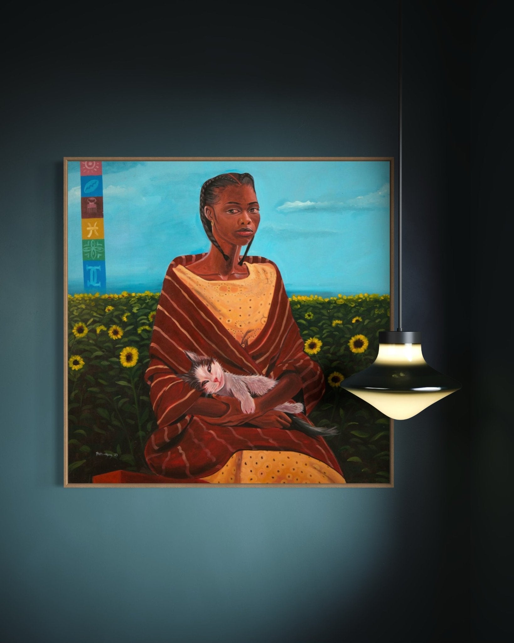 African Woman with Cat in Sunflower Field - A Portrait of Grace. "Her Cat" - Bibianna African Art Collective