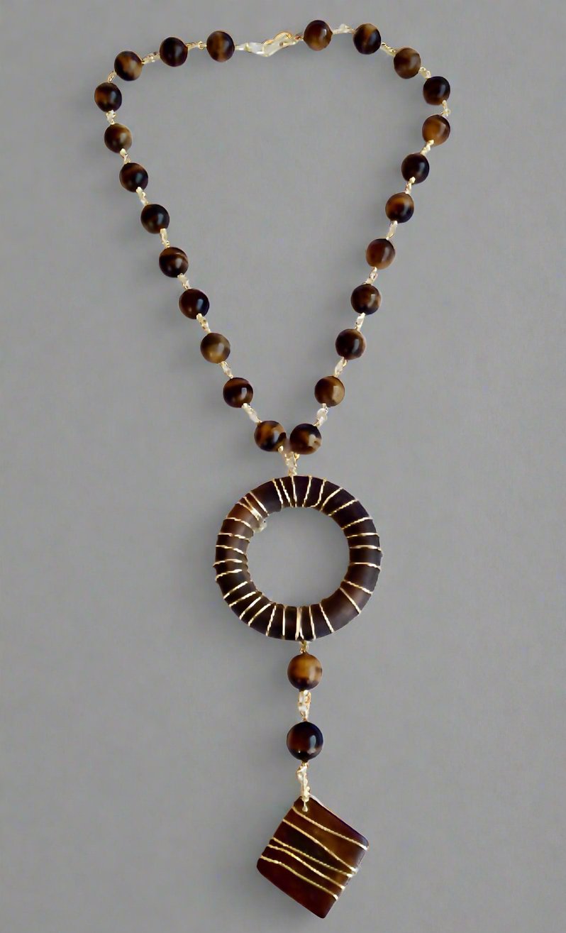 Ariaba Wood and Tigereye Drop Necklace With 14k Gold plated Wire Chain Link - Bibianna African Art Collective