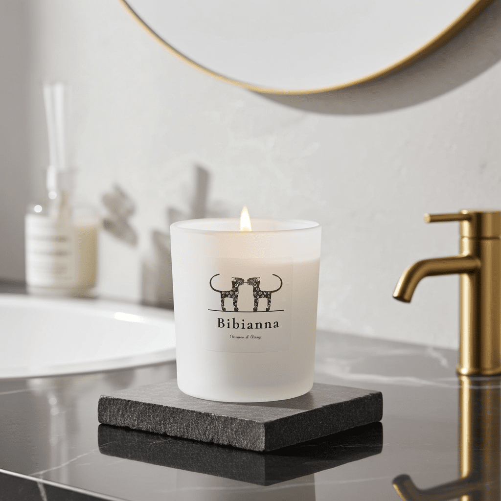 A lit Bibianna Luxury Scented Candle, Cinnamon & Orange by bibianna.co.uk glows in a frosted holder on a dark stone coaster atop a black marble counter near a gold faucet, with bathroom mirror and toiletries behind.
