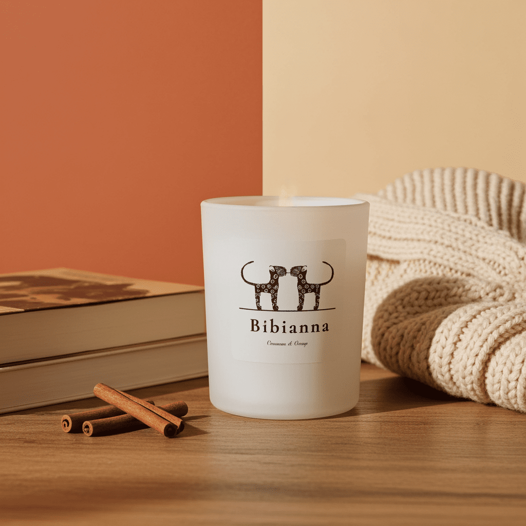 The Bibianna Luxury Scented Candle by bibianna.co.uk in Cinnamon & Orange adds cozy home fragrance, shown on a wooden surface with cinnamon sticks, books, and a knit blanket against a warm beige-peach background.