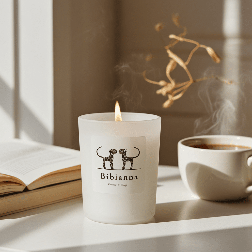 A Bibianna Luxury Scented Candle, Cinnamon & Orange by bibianna.co.uk sits beside an open book, coffee, and dried stems in sunlight—a perfect scene for enjoying luxury hand-poured candles and their visual fragrance.