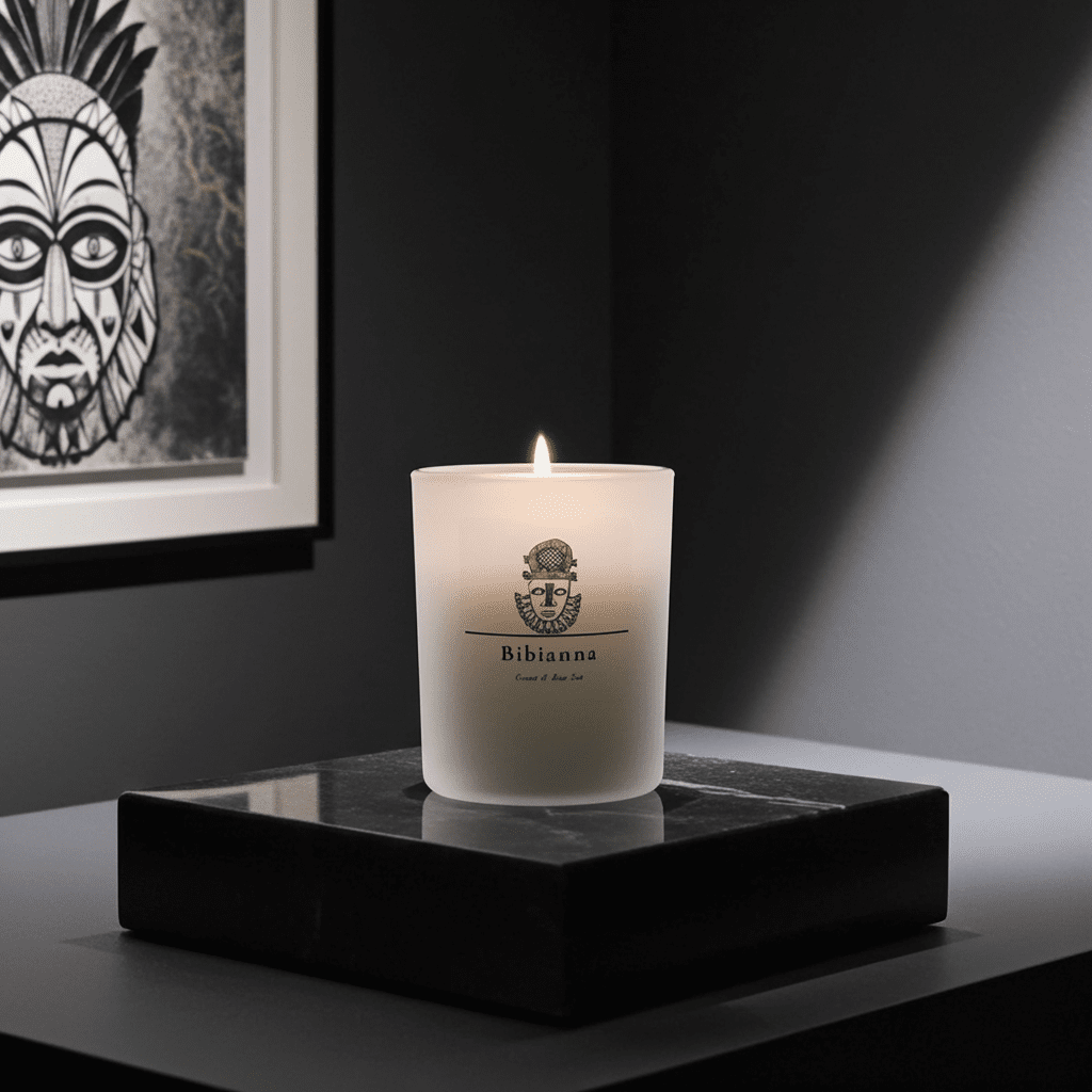 The Bibianna Scented Candle - Coconut & Lime by bibianna.co.uk glows atop a black marble base in a dim room, framed by monochrome mask art—a striking home fragrance centerpiece.
