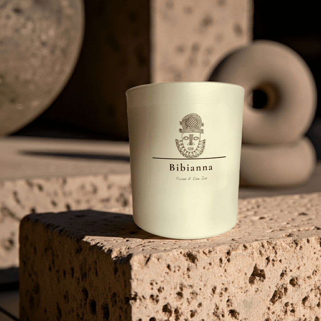 The Bibianna Scented Candle - Coconut & Lime by bibianna.co.uk features a white candle in frosted glass with a tribal mask logo, displayed on textured stone amid abstract sculptures, highlighting luxury home fragrance.